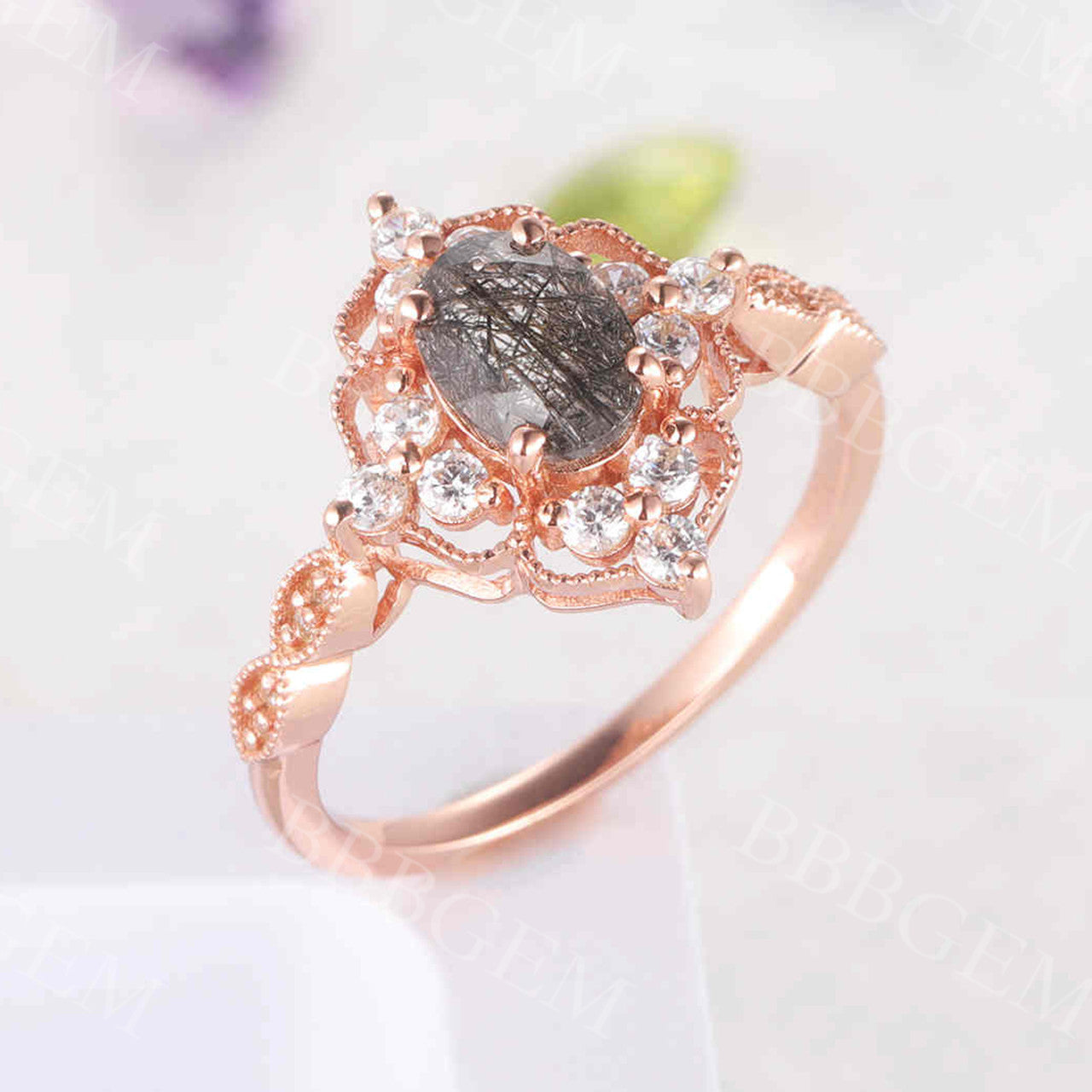 Vintage Black Rutilated Quartz Engagement Ring - Milgrain Filigree Leaf Flower Design - 925 Sterling Silver Wedding Band - Perfect for Romantic Proposals, Anniversary Gifts & Boho Bridal Jewelry