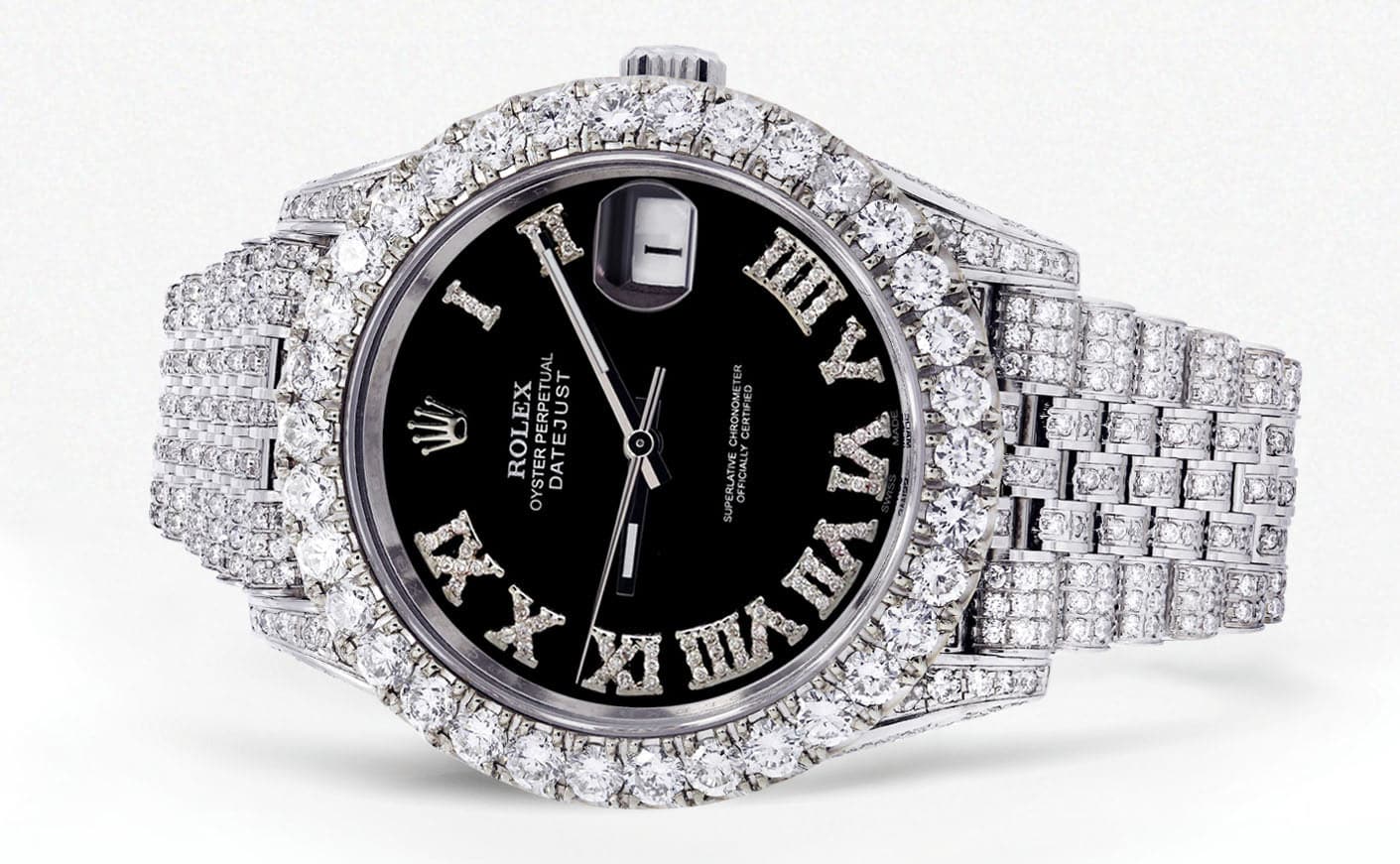 Luxury Diamond Iced Out Rolex Datejust 41 Watch - 25 Carats Genuine Diamonds - Custom Black Roman Dial - Jubilee Bracelet - Perfect for Men's Fashion, Special Occasions & Luxury Gift Giving