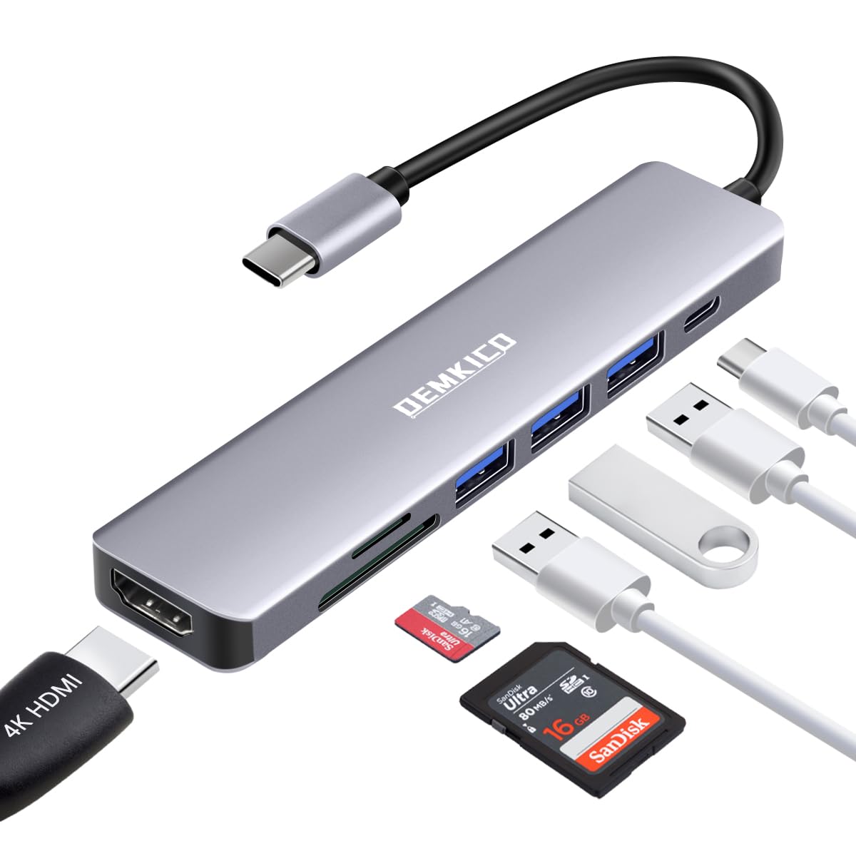 DEMKICO 7-in-1 USB C Hub Adapter with 4K HDMI, SD/TF Card Reader, 3 USB Ports, 87W PD Charging - Compatible with MacBook Pro/Air, XPS & USB C Devices - Perfect for Home Office, Travel & Multi-Screen Workstations
