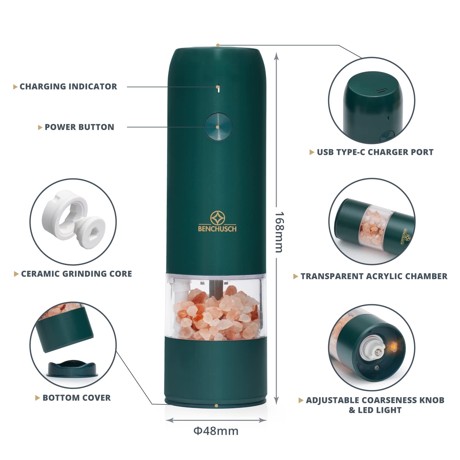 Premium Electric Salt and Pepper Grinder Set - USB Rechargeable, Adjustable Ceramic Grinding for Fresh Black Peppercorn & Sea Salt - Automatic One-Hand Operation - Perfect for Kitchen, Dining Table & Outdoor BBQ (Green)