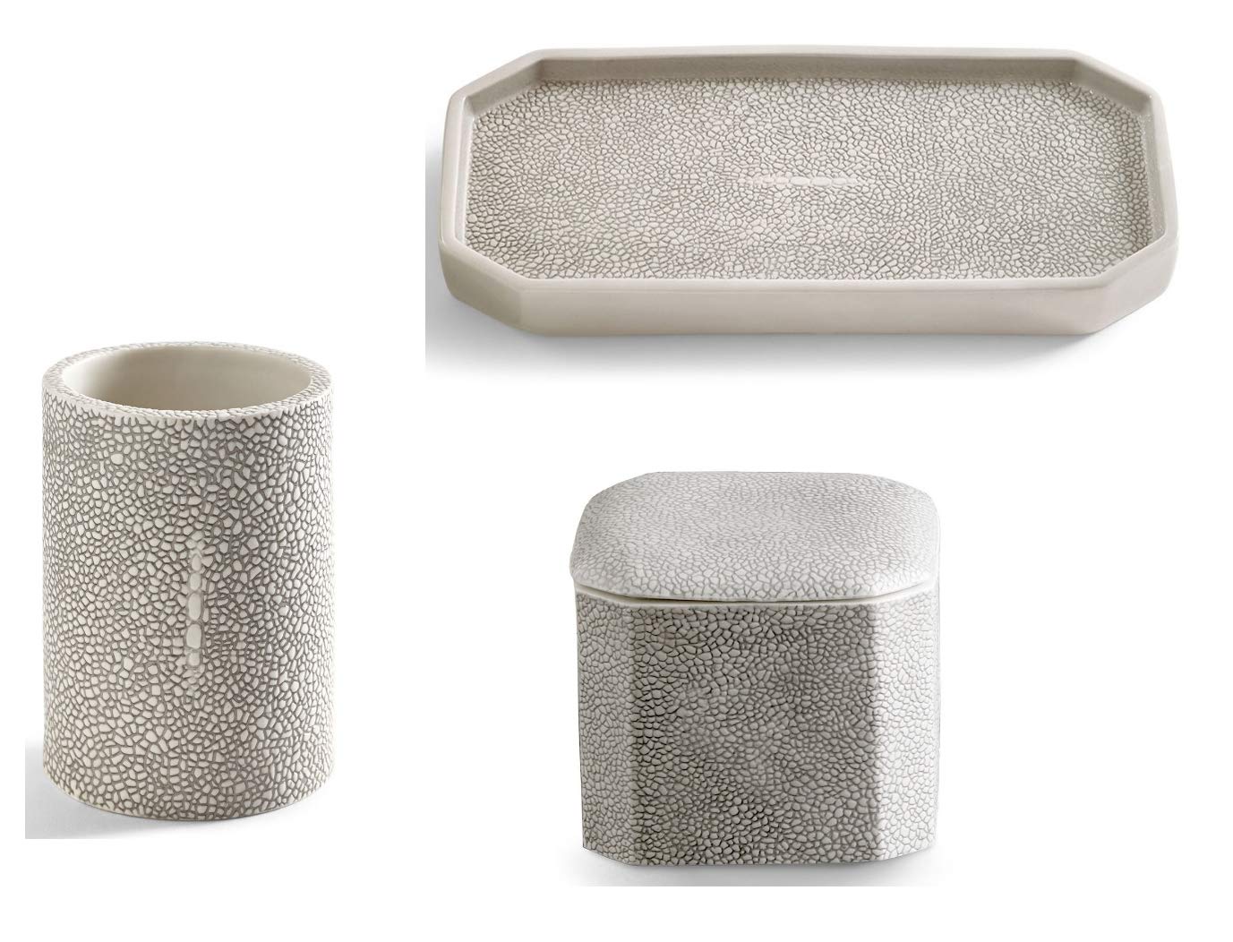 Kassatex 3-Piece Luxury Bathroom Set - Shagreen Textured Porcelain Tumbler, Tray & Cotton Jar with Fine Embossing | Elegant Bathroom Decor for Modern Homes & Spa-Like Retreats