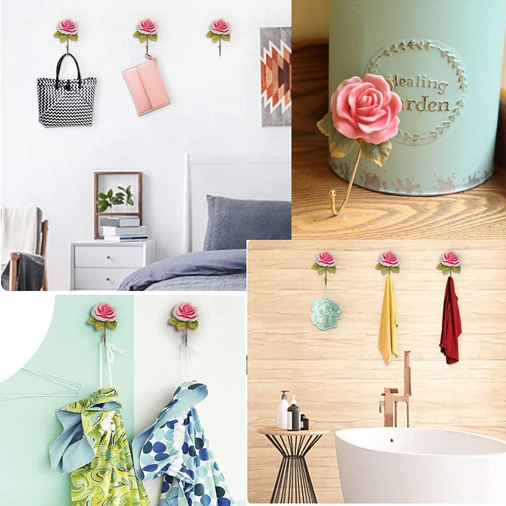 Elegant Rose Resin Wall Hooks - Set of 2 Cute Coat Racks & Hat Hooks for Bathroom, Kitchen, Entryway - Perfect for Hanging Towels, Keys, Coats, Hats & Bags | Durable Wall Mounted Decor for Home & Office Organization
