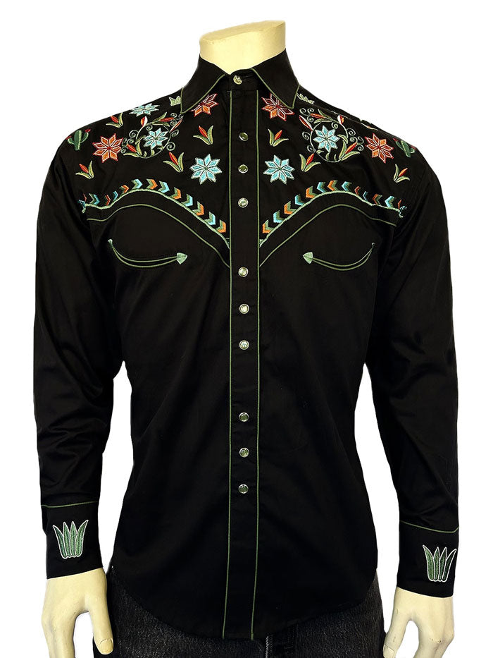 Rockmount 6865 BLK Men's Agave Cactus Floral Embroidered Western Shirt - Black Cowboy Shirt for Rodeo, Country Music Festivals & Western Style Fashion