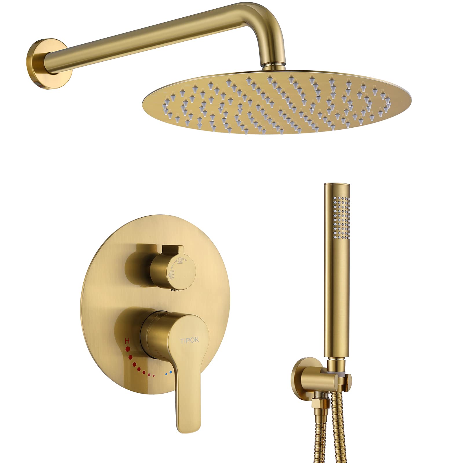 TIPOK Brushed Gold Shower System - 10 Inch Rainfall Shower Head with Handheld Sprayer | High Pressure Gold Shower Faucet Set with Pressure Balance Brass Valve | Perfect for Luxurious Bathroom Renovations & Spa-Like Shower Experience