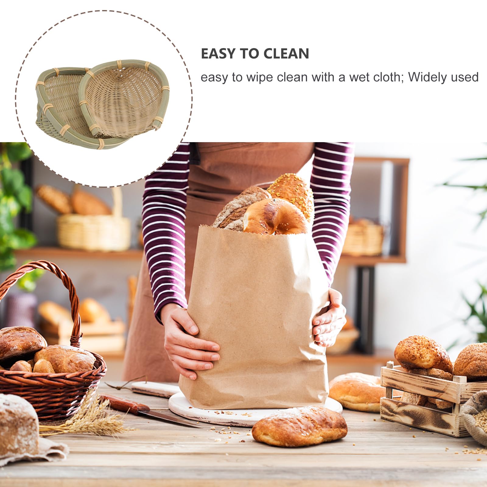 2-Pack Handwoven Bamboo Bread Baskets - 4.7in & 5.5in Stackable Serving Trays for Kitchen, Dining, Garden | Multi-Use for Bread, Fruits, Vegetables, Washing & Drying | Eco-Friendly Home Organization Storage Solution