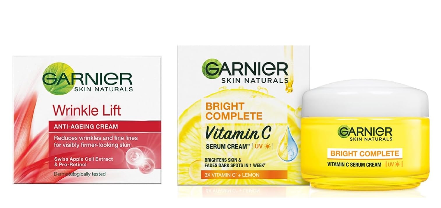 Garnier Skin Naturals Anti-Aging Cream with Vitamin C - Moisturizing Wrinkle Lift & Brightening UV Serum (18g + 23g) - 2-Piece Skincare Set for Day & Night Routine