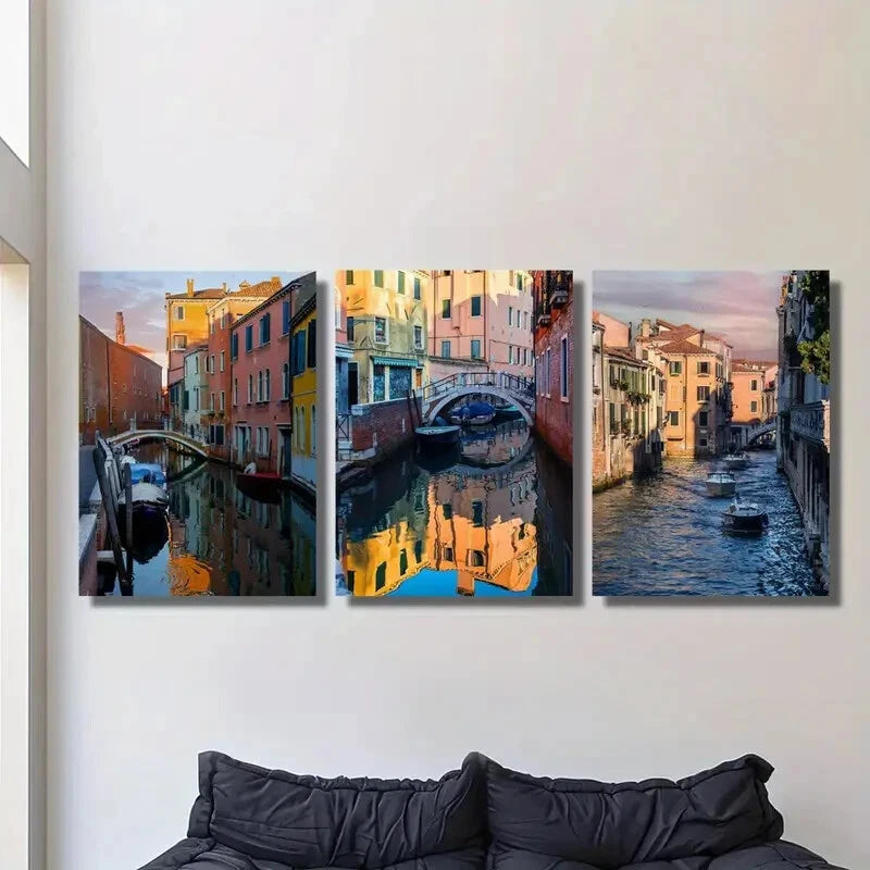 3-Piece Vibrant Italian Cityscape Metal Wall Art - Ready to Hang Canvas Prints with Boats & Buildings - Perfect for Living Room, Bedroom & Office Decor