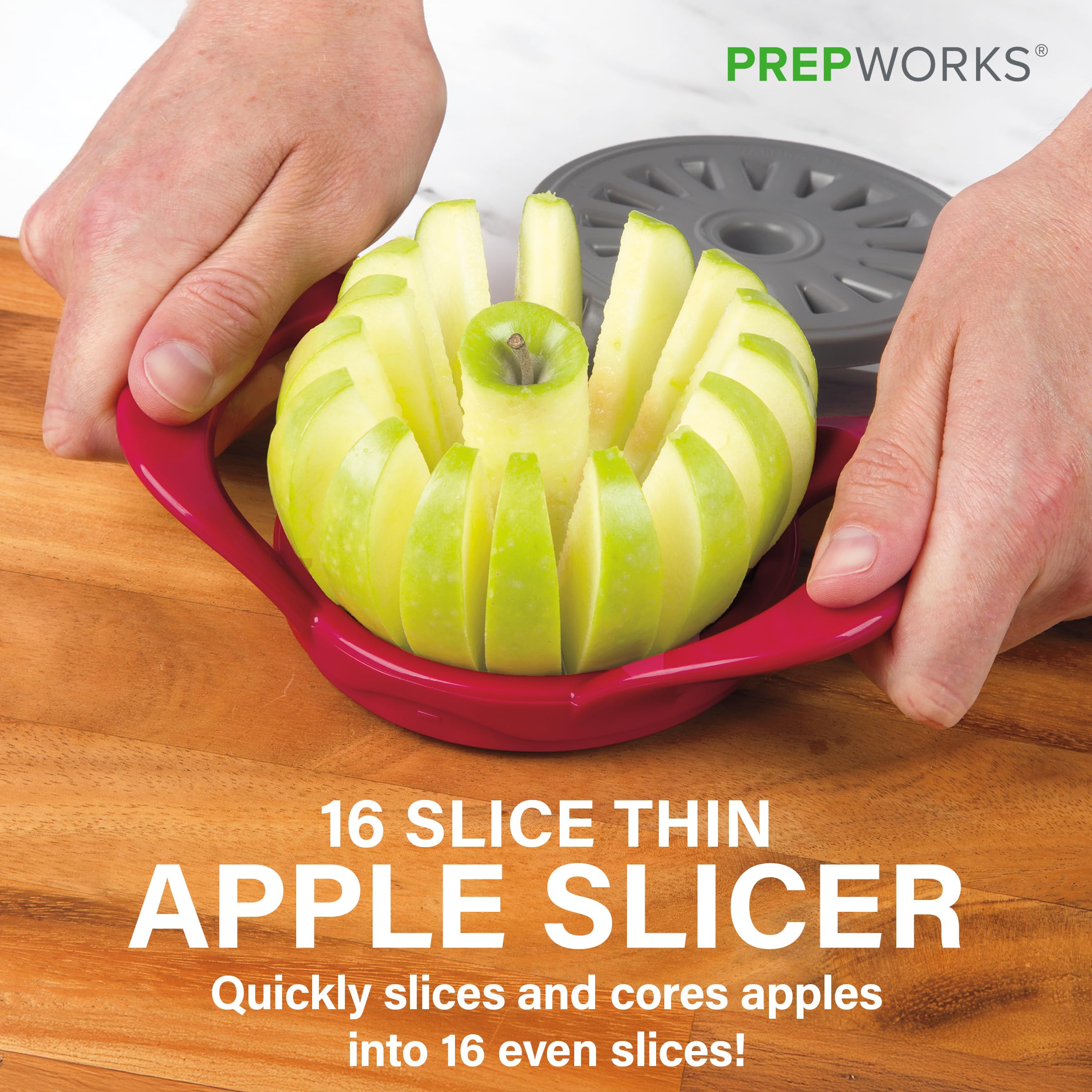 PrepWorks by Progressive 16-Slice Thin Apple Slicer and Corer - Dishwasher Safe with Safety Cover (Red) - Perfect for Fruit Salads, Baking, and Healthy Snacks
