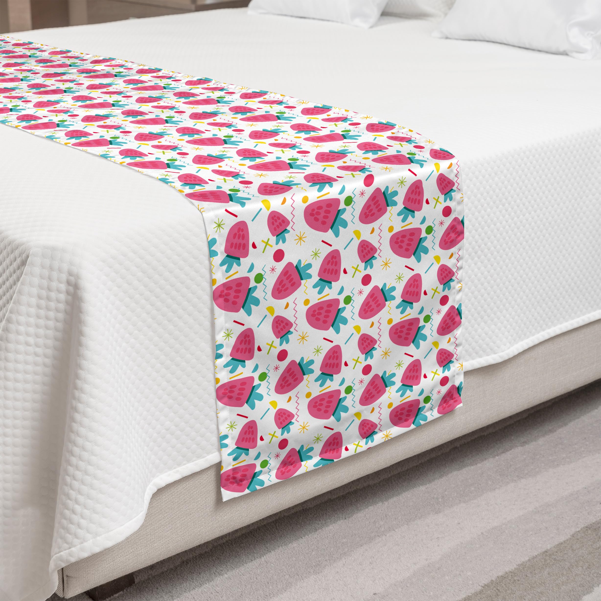 Ambesonne Strawberry Bed Runner - Doodle Zigzags Circles & Fruits Pattern - Decorative Accent Bedding Scarf for King Size Beds - Pink Seafoam White - Perfect for Hotels, Homes & Guestrooms - Adds Stylish Touch to Bedroom Decor