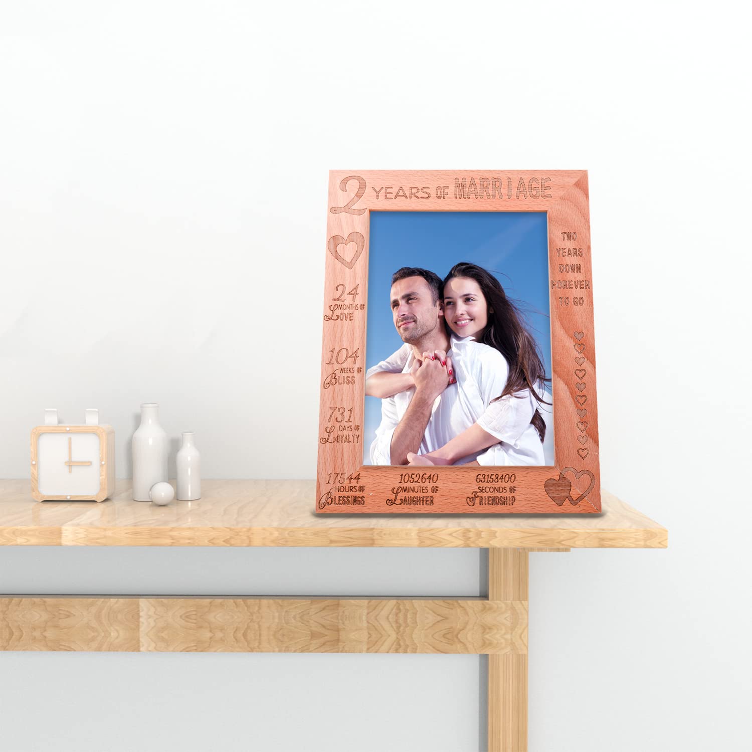 2nd Anniversary Wood Photo Frame - Engraved Wedding Picture Frame for Couples, Wife, Husband - Perfect 2 Year Marriage Gift for Her or Him - Ideal for Home Decor, Wedding Anniversaries & Romantic Keepsakes