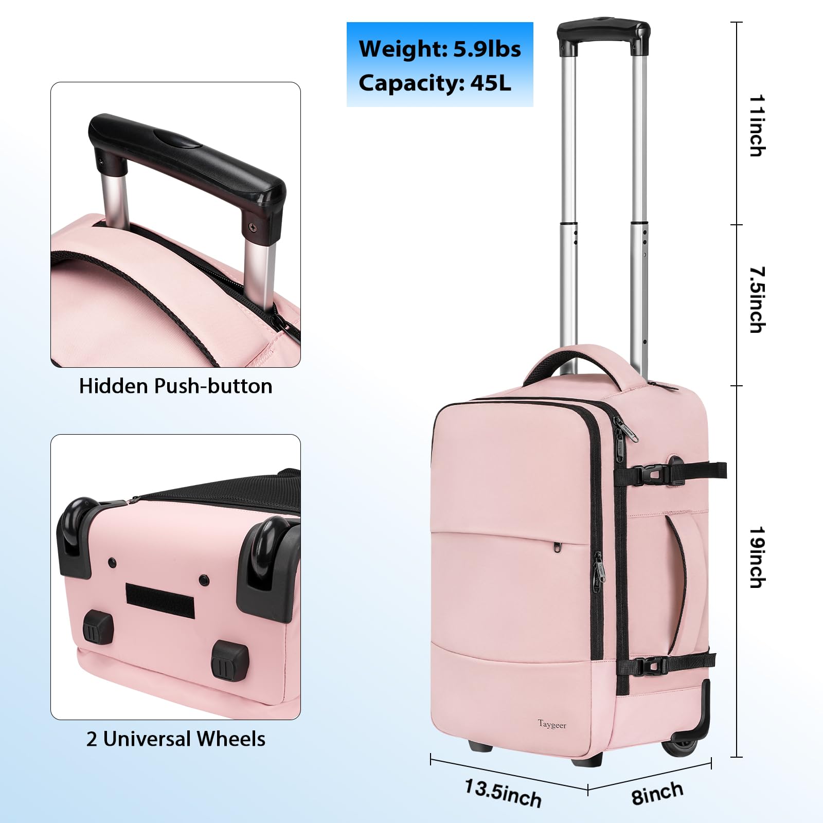 Taygeer 17 Inch Rolling Backpack for Women - Wheeled Laptop Backpack with Shoe Compartment & Wheels, Large Carry-On Luggage for Travel, College, Work - Pink Roller Backpack for Adults (Perfect for Business Trips, Campus Commute & Overnight Stays)