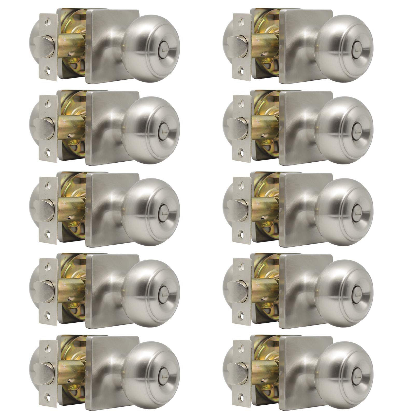 Gobrico 10-Pack Satin Nickel Square Rosette Privacy Door Locksets - Keyless Bathroom & Bedroom Door Knobs, Round Ball Style Handles, Stainless Steel Material for Home, Office & Apartment Security