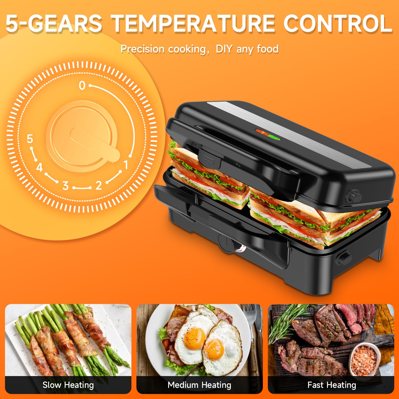 3-in-1 Sandwich Maker & Waffle Iron with 5-Temperature Control - 1200W Non-Stick Plates for Sandwiches, Waffles & Meat - Cool Touch Handle & LED Lights - Perfect for Breakfast, Brunch & Quick Meals