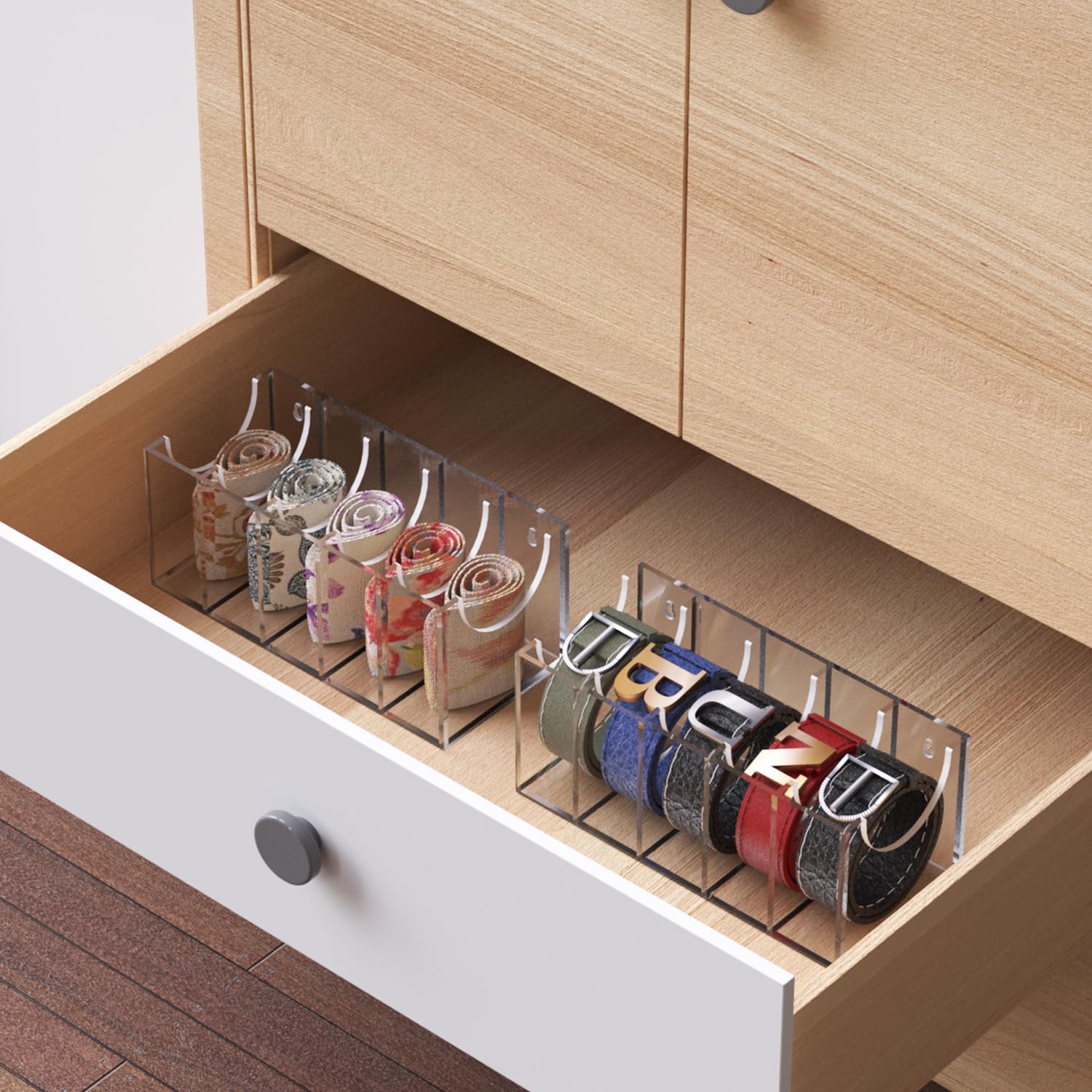 GTI Acrylic Belt Organizer - 5 Compartment Wall & Closet Storage Holder for Belts, Ties & Bow Ties | Clear Drawer & Display Case for Bedroom & Closet Organization