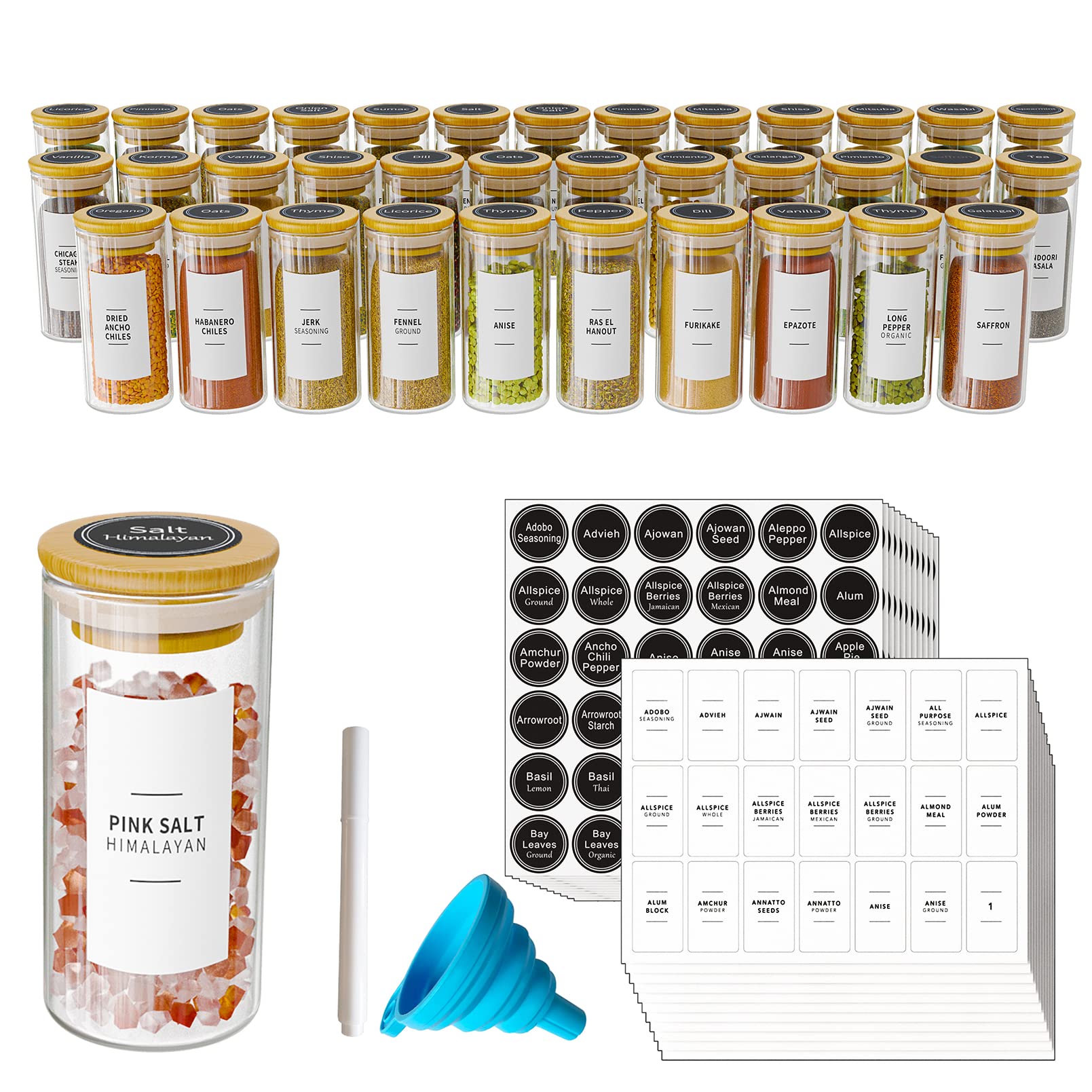 SpaceAid 36-Piece Empty 4oz Glass Spice Jars with Bamboo Lids & Labels - Minimalist Farmhouse Spice Containers with Funnel - Perfect for Kitchen Spice Rack, Pantry Organization & DIY Seasoning Storage - Ideal for Home Chefs, Meal Prep & Gift Giving