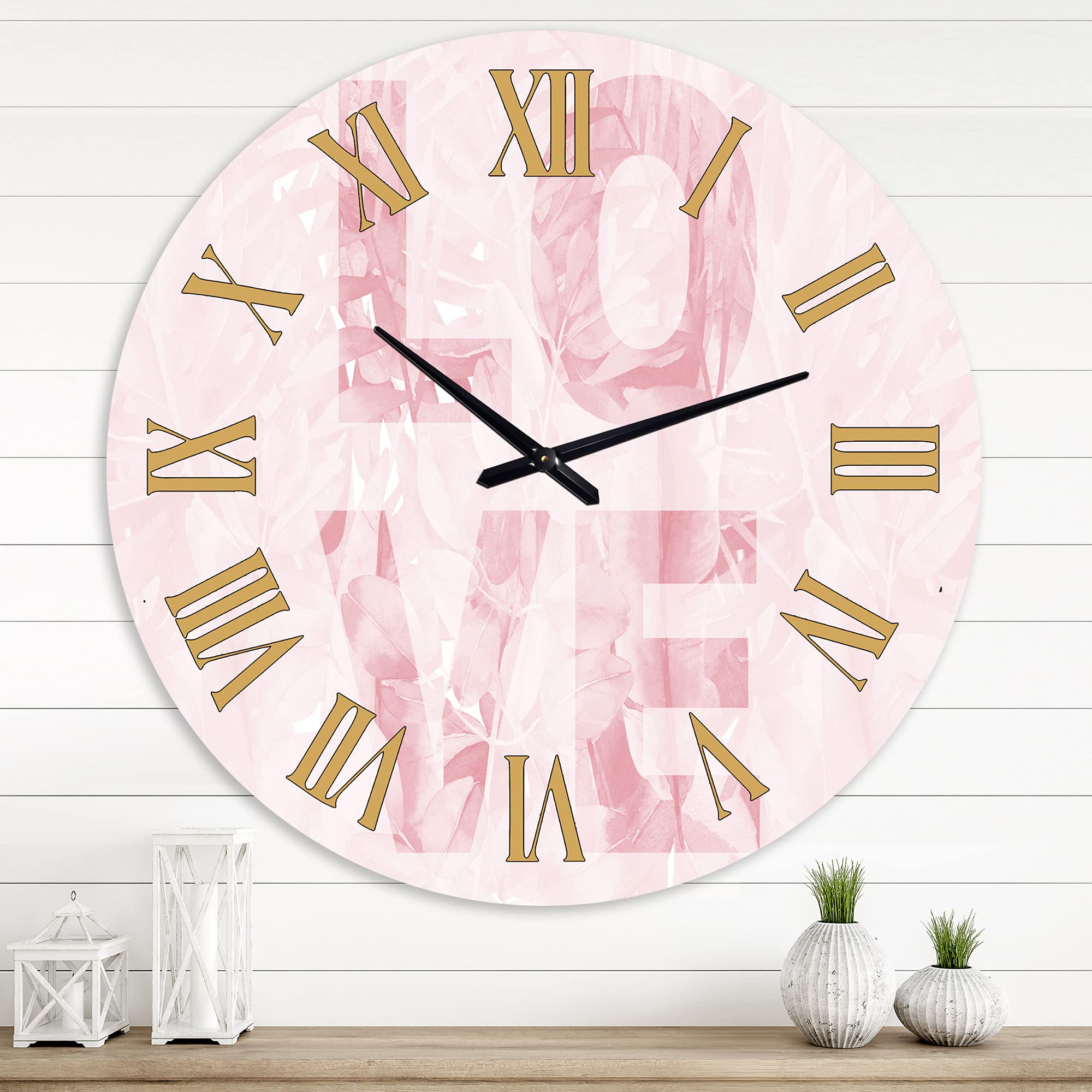 DesignQ Shabby Chic Wall Clock 'Pink Pastel Love' - Large Inspirational Quotes Clock for Living Room, Bedroom & Office Decor - Vintage Farmhouse Style Home Décor