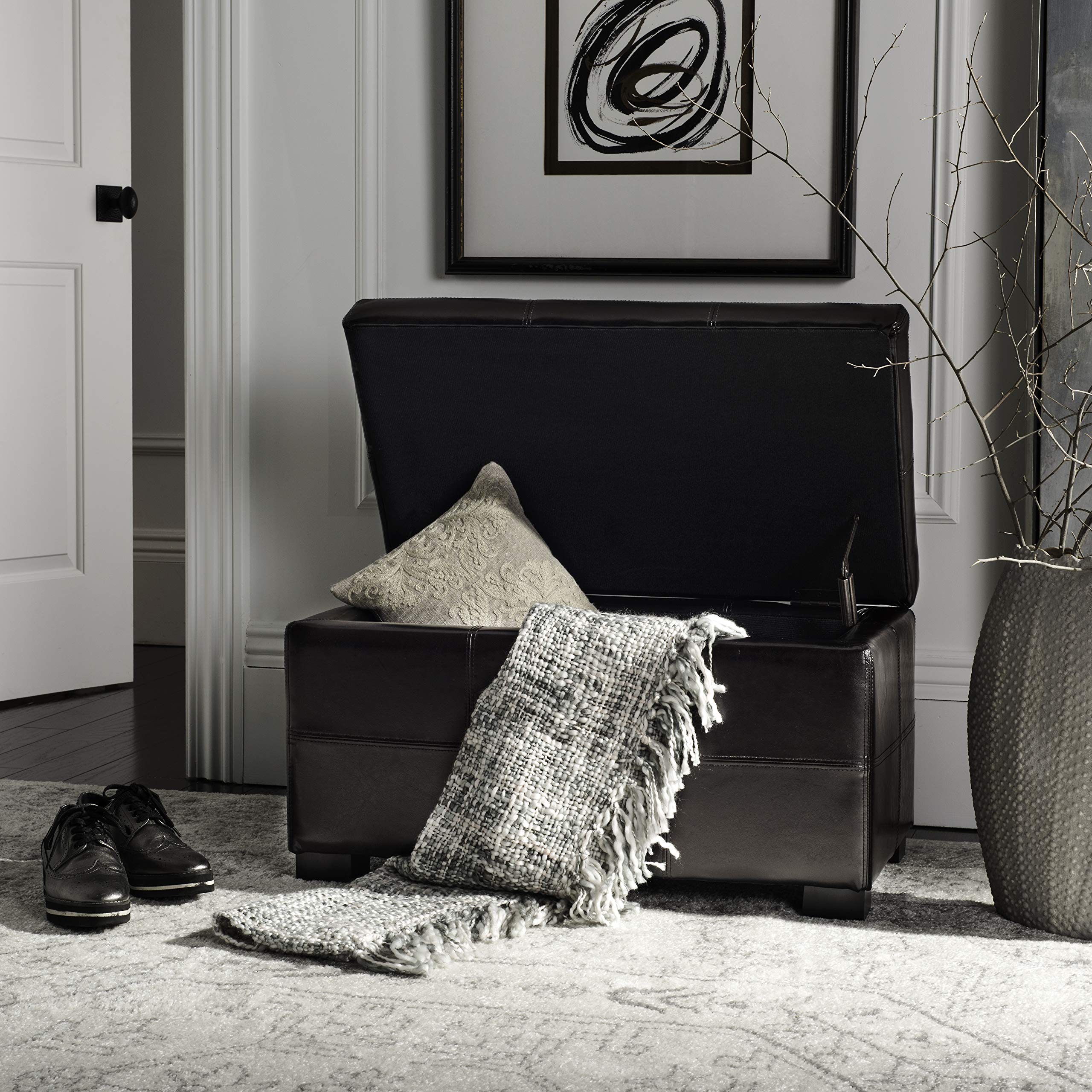 Safavieh Hudson Collection NoHo Tufted Brown Leather Small Storage Bench - Stylish Entryway Seat with Storage for Living Room, Bedroom & Hallway
