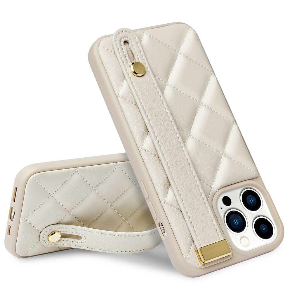 Luxury Shockproof Quilted Leather Case with Strap & Stand for iPhone 12 Pro (6.1 Inch) - Elegant Beige Protective Cover for Women | Perfect for Work, Travel & Everyday Use
