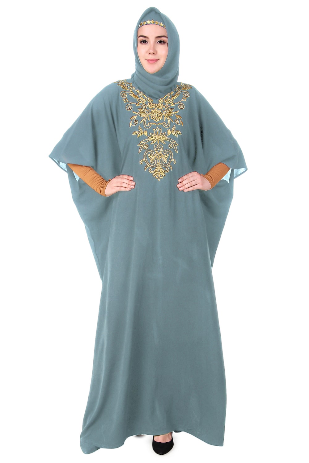 Embroidered Floral Gold Kaftan Dress for Women - Elegant Boho Maxi Dress for Beach, Party & Special Occasions