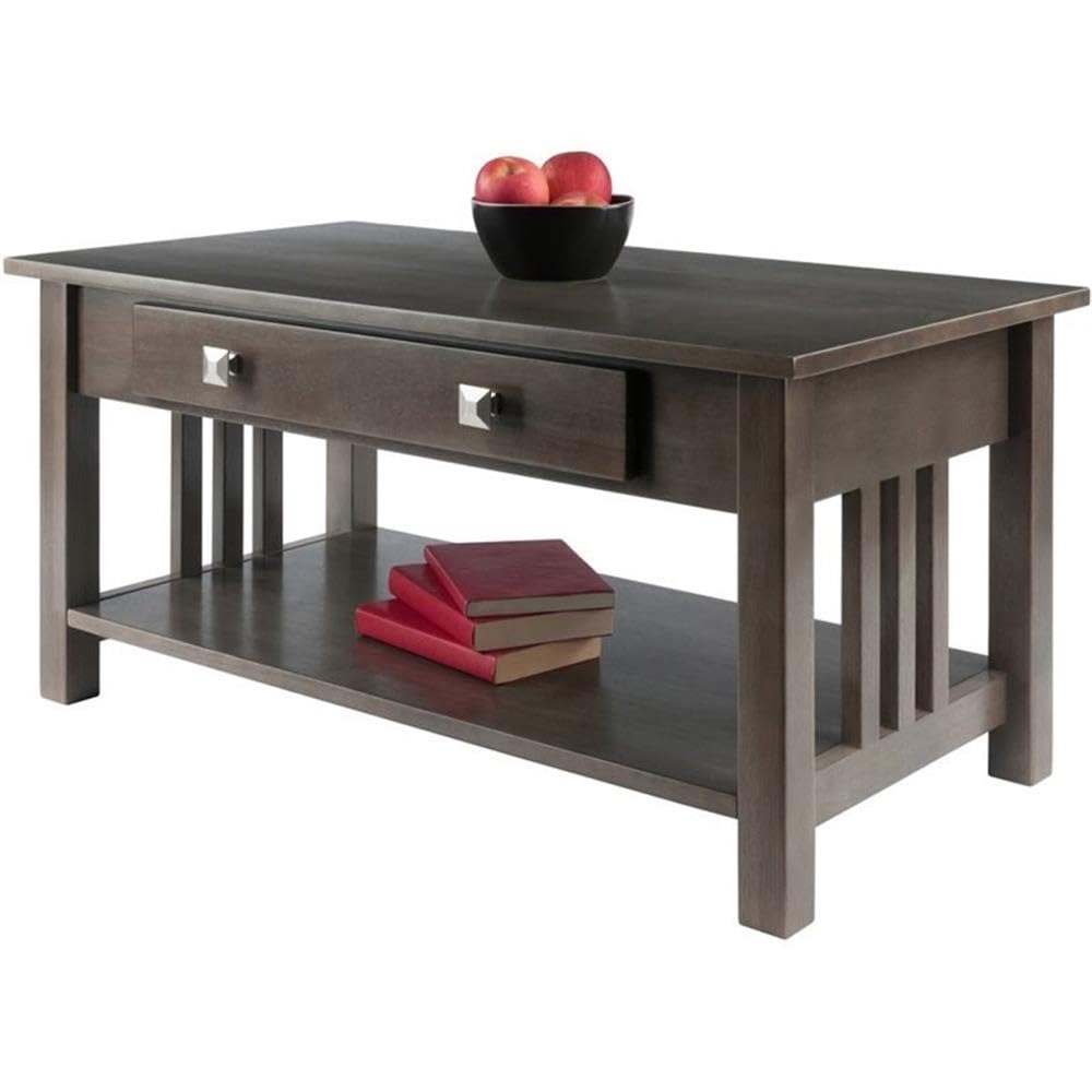 Pemberly Row Transitional Solid Wood Storage Coffee Table in Oyster Gray - Stylish Living Room Furniture with Hidden Storage for Remote, Magazines & Blankets