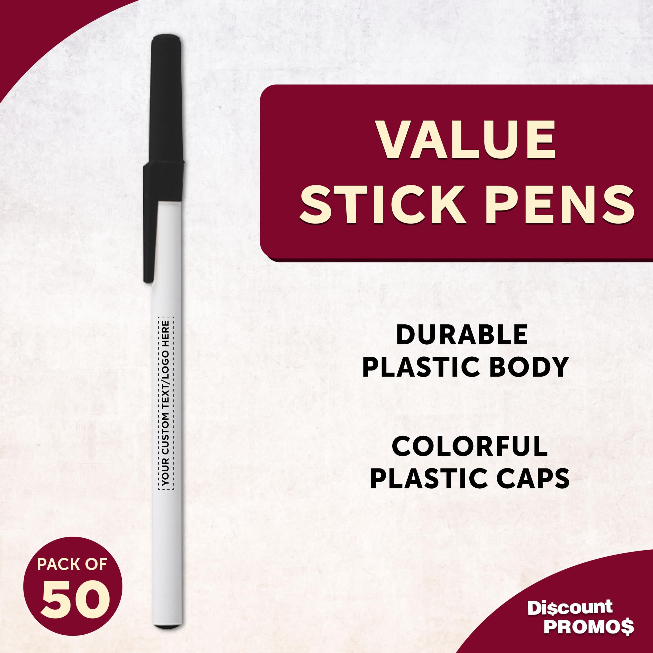 Custom Value Stick Pens - Bulk Pack of 50, Personalized Black Ink Pens for Office, School & Business | Promotional Giveaways for Tradeshows, Events & Corporate Gifts | DISCOUNT PROMOS