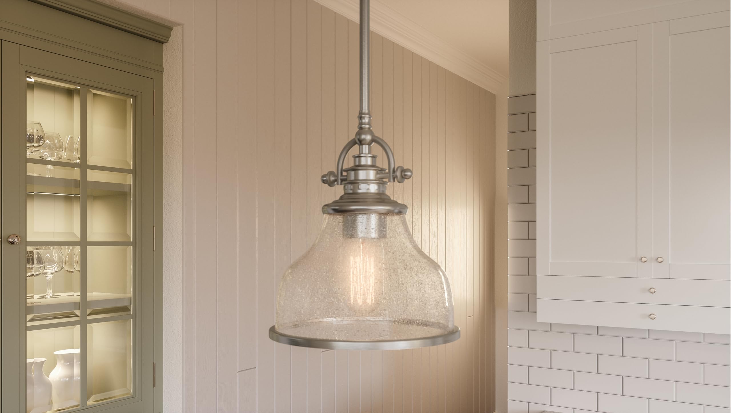 Quoizel Grant Mini Pendant Light Fixture - 8 Inch Brushed Nickel with Clear Seeded Glass Shade - Single Bulb Hanging Ceiling Light for Kitchen Island, Dining Room, Bedroom, Hallway, Bar, Cafe & Office - Perfect for Modern & Industrial Home Decor
