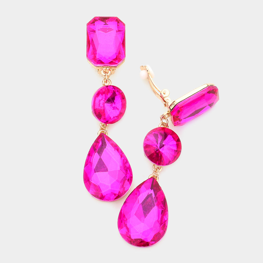 Fuchsia Crystal Triple Drop Geometric Clip-On Earrings for Pageant, Prom, Wedding & Special Occasions | Elegant Statement Jewelry for Women | Perfect Gift for Dancers, Brides & Fashion Lovers