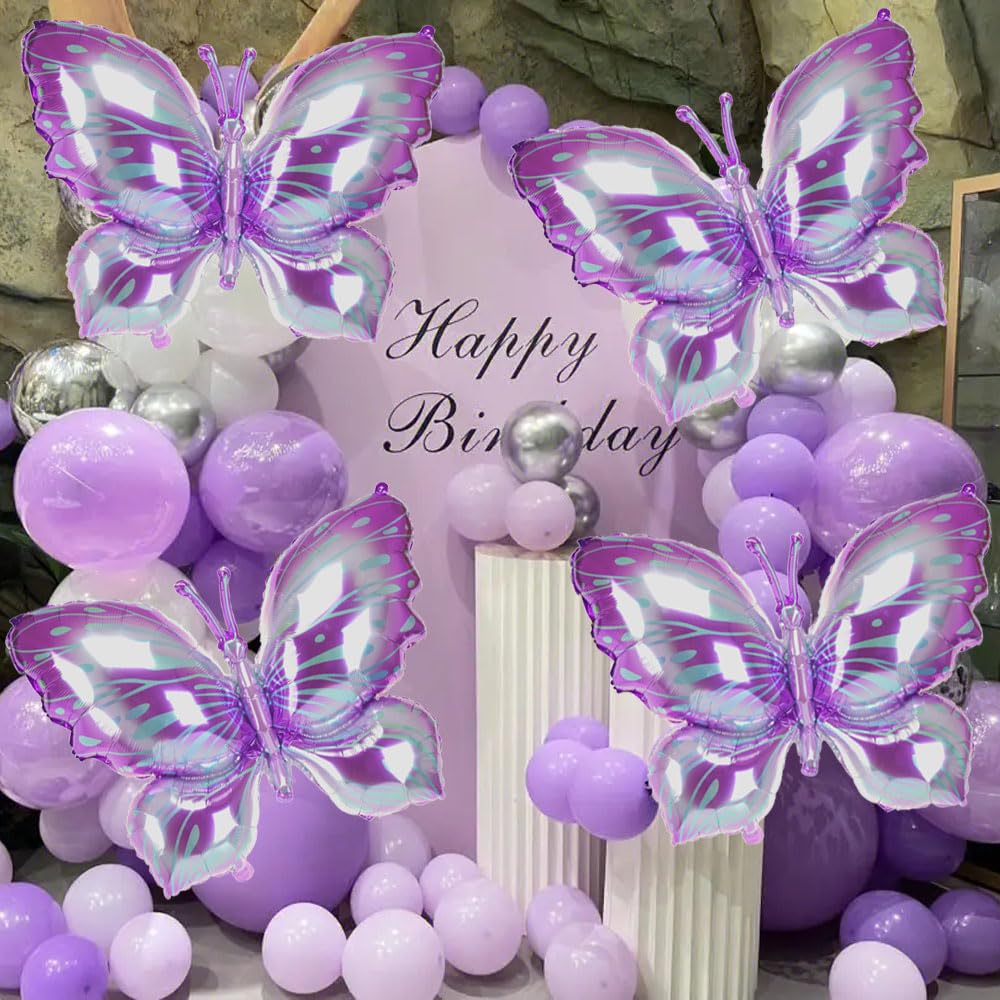 40 Inch Purple Butterfly Balloons - 4 Pack Giant Butterfly Decorations for Birthday Parties, Baby Showers & Wedding Decor