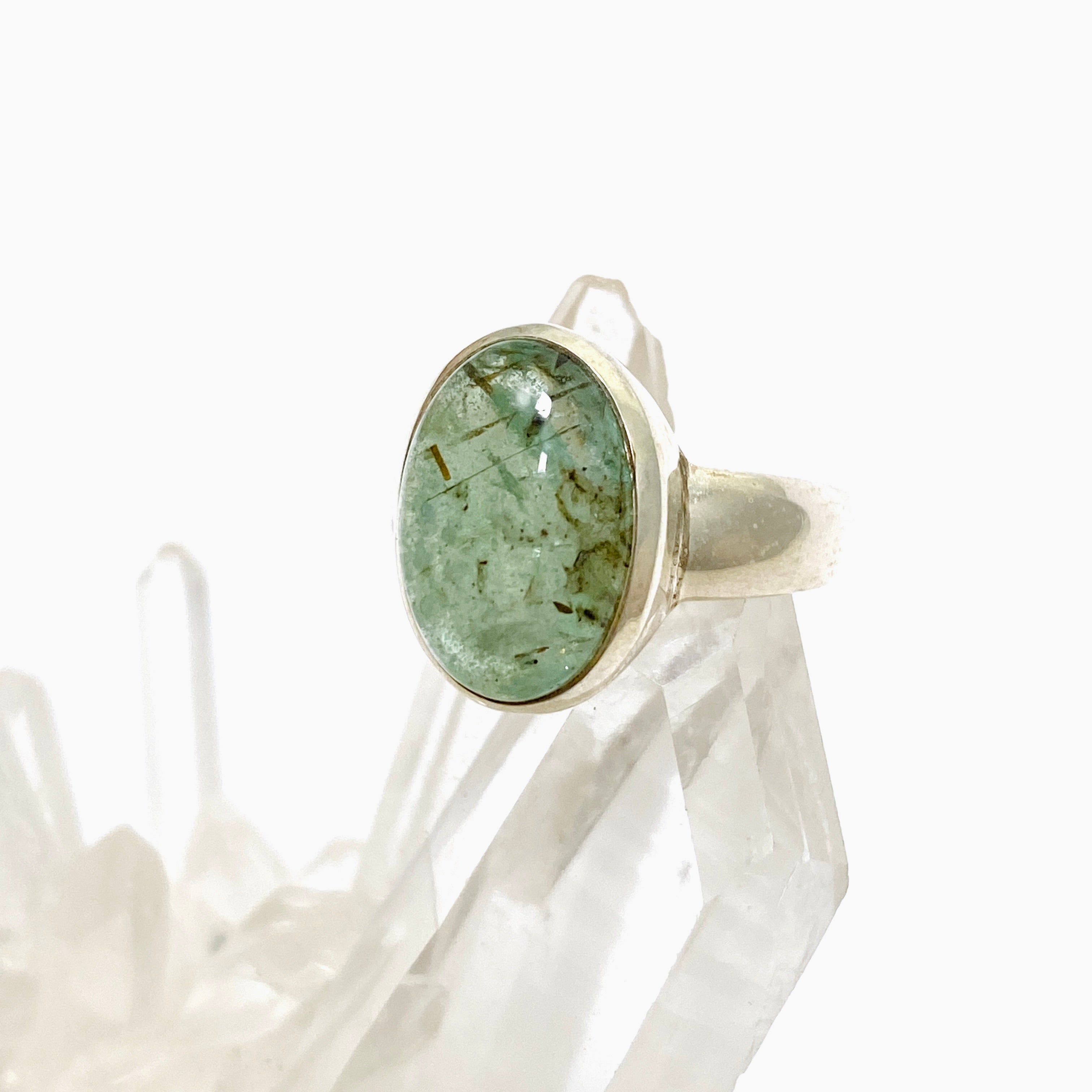 Natural Emerald with Rutile Inclusions Oval Cabochon Ring - Size 5.5 - PRGJ649 - Perfect for Engagement, Anniversary Gifts & Boho Jewelry Collection