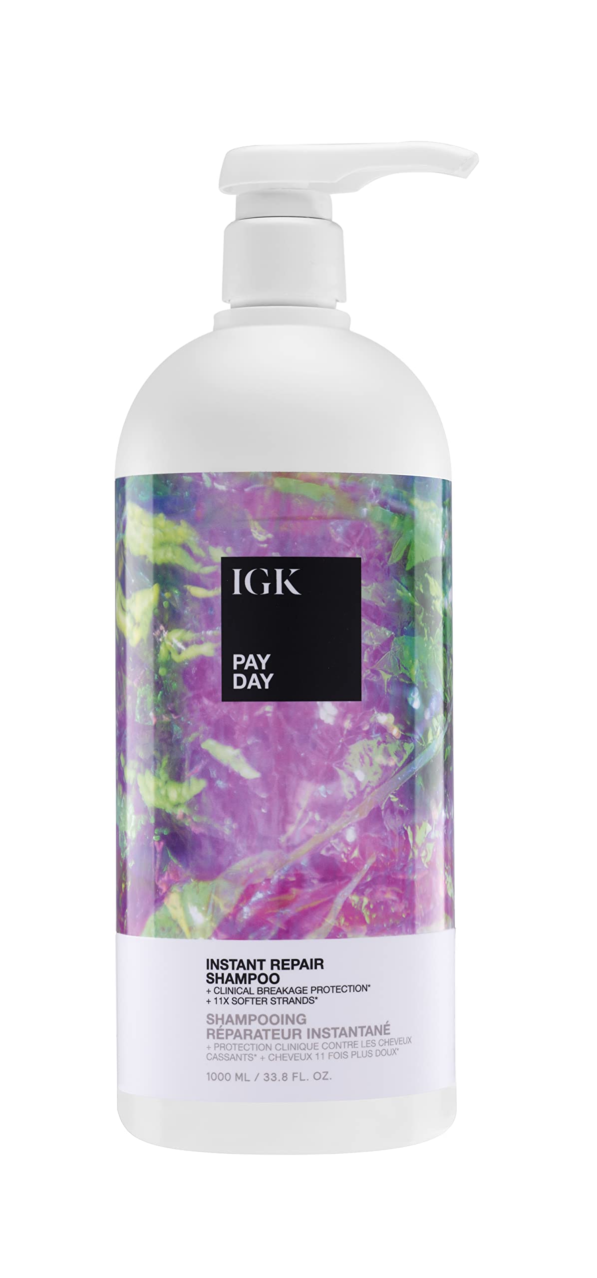 IGK Pay Day Instant Repair Shampoo - 33.8oz (1 Liter) for Damaged & Dry Hair - Sulfate-Free, Color-Safe Hair Treatment with Keratin & Argan Oil - Perfect for Salon-Quality Results at Home