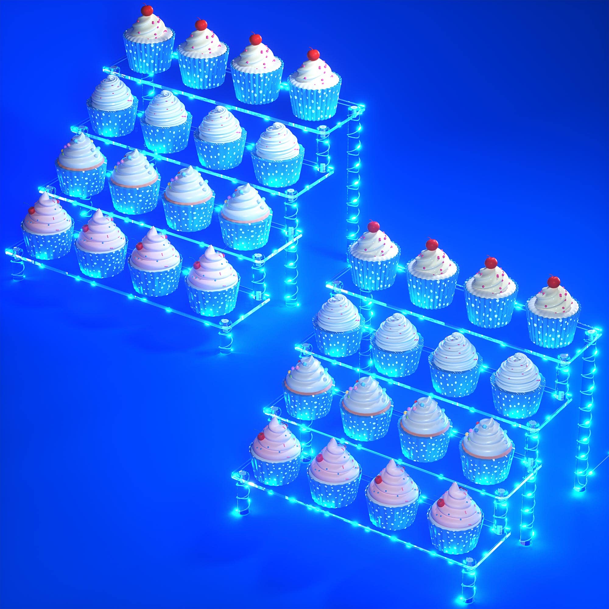 4-Tier Acrylic Riser Display Shelf with Blue LED Lights - Perfect Cupcake Stand, Dessert Display, Cake Pop Holder for Thanksgiving, Parties & Events - Great for Showcasing Cosmetics, Glassware, Figurines & Home Decor
