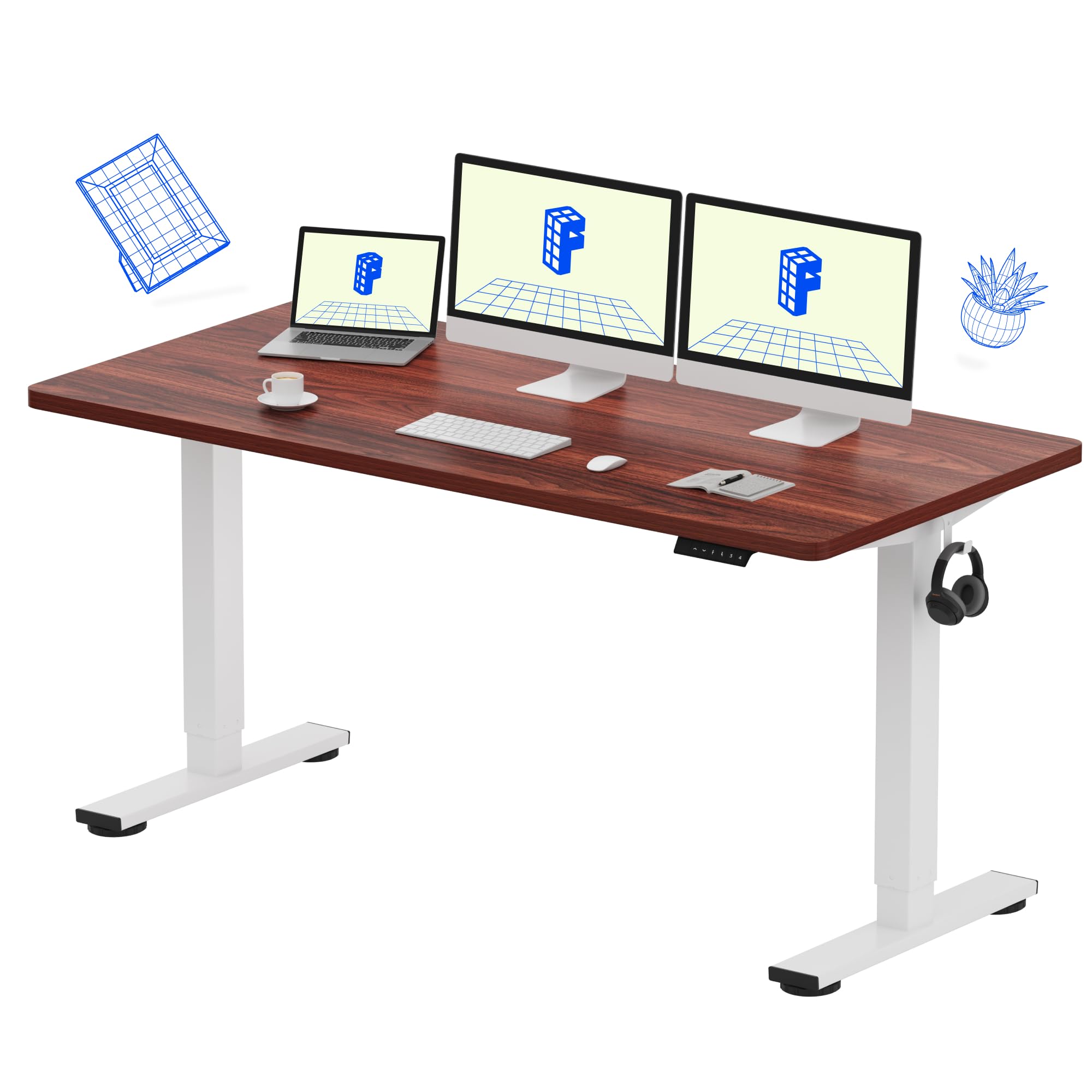 FLEXISPOT EN1 Electric Standing Desk 60x24 Inches - Adjustable Height Sit Stand Desk for Home Office, White Frame & Mahogany Desktop (2 Packages) | Ergonomic Workstation for Remote Work & Gaming Setup