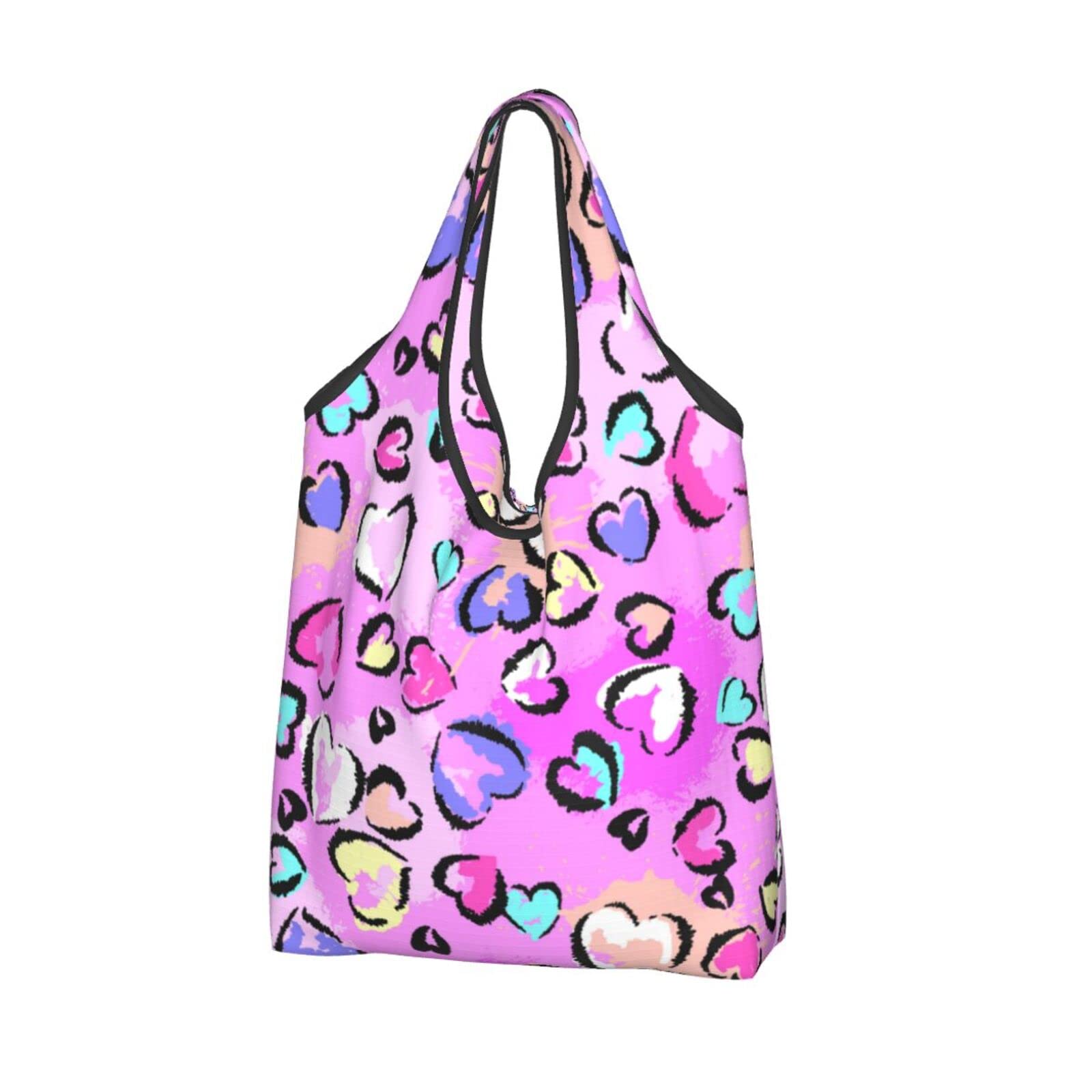 Leopard Print with Hearts Reusable Shopping Bags - Waterproof Foldable Grocery Tote Bag for Women, Large Capacity Eco-Friendly Shopping - Perfect for Groceries, Beach, Travel & Gym