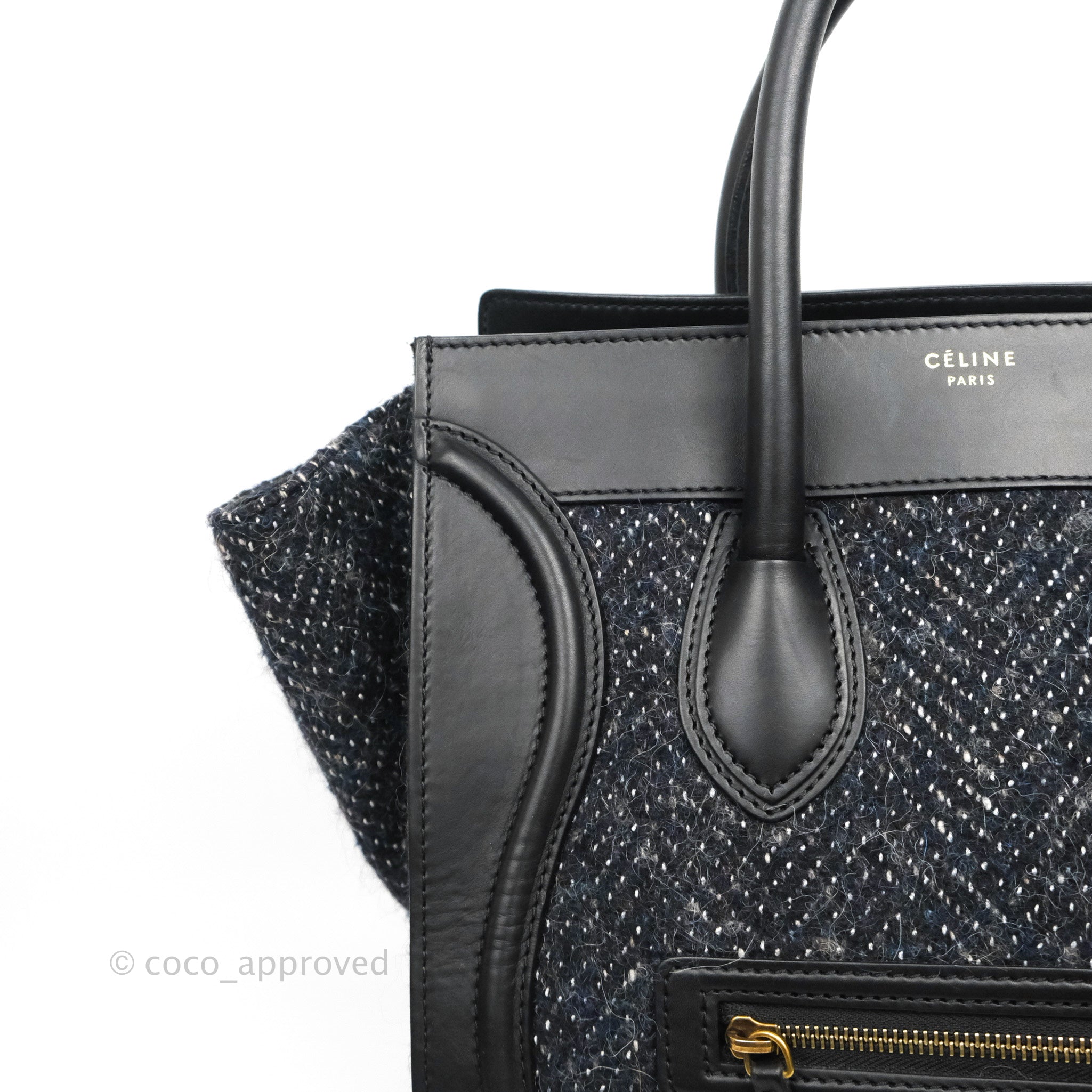 Celine Mini Luggage Bag in Navy & Black Tweed - Stylish Crossbody Purse for Women, Perfect for Work, Travel & Everyday Use