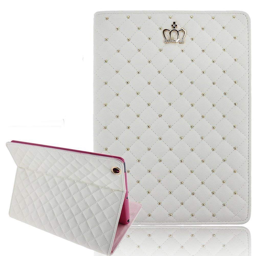 Topwin Bling Crystal iPad Case for iPad 9.7 (5th/6th Gen) & iPad Air 2 - Premium PU Leather Smart Cover with Auto Sleep/Wake, Shockproof Protection & Stand (White, No Buckle) - Perfect for Work, School & Travel