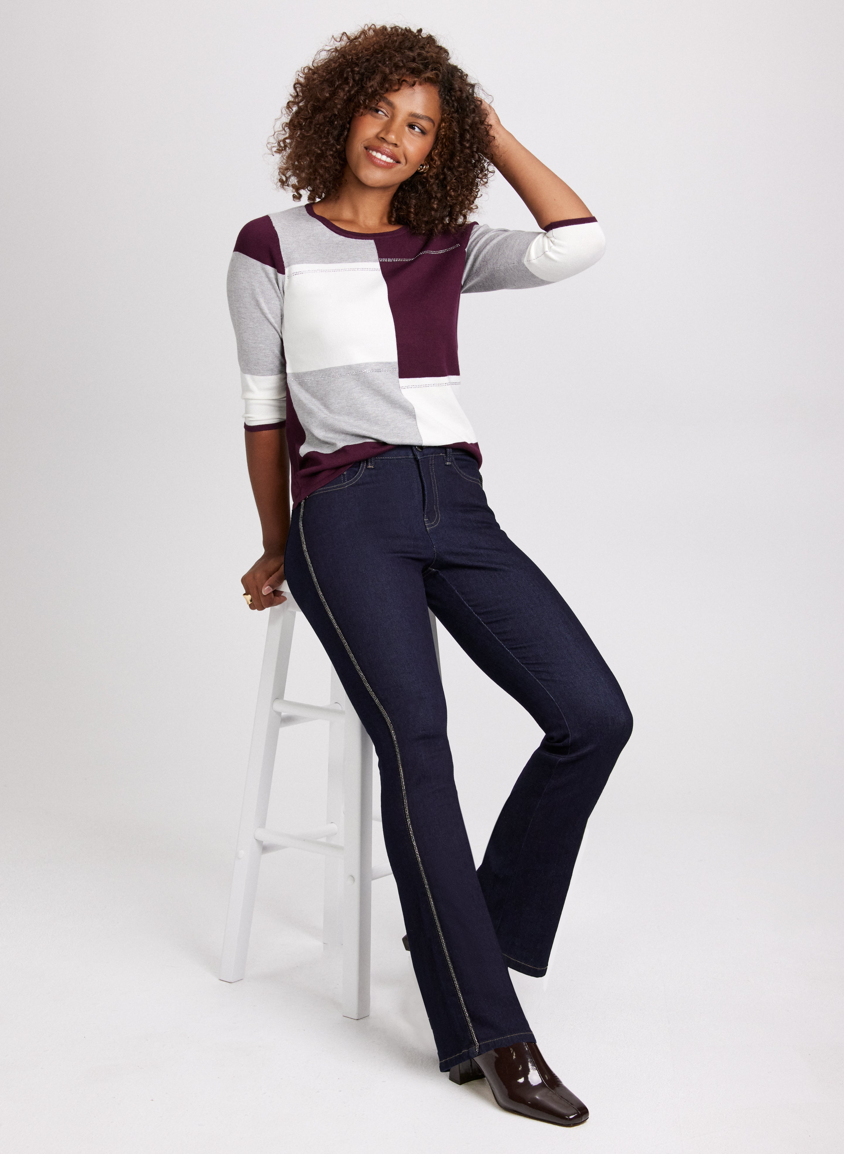 Color Block Sweater & Beaded Detail Jeans for Women - Trendy Casual Outfit for Fall & Winter | Perfect for Date Night, Office Wear & Weekend Outings
