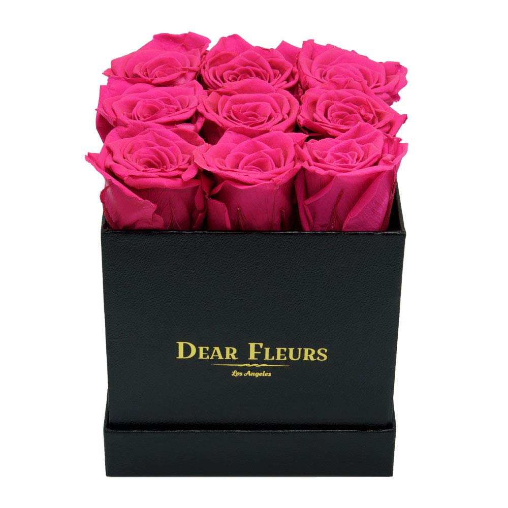 Real Preserved Roses That Last 1 Year | Luxury Nona Roses in Elegant Gift Box (Hot Pink & Black Leather) - Perfect for Anniversaries, Valentine's Day & Home Decor