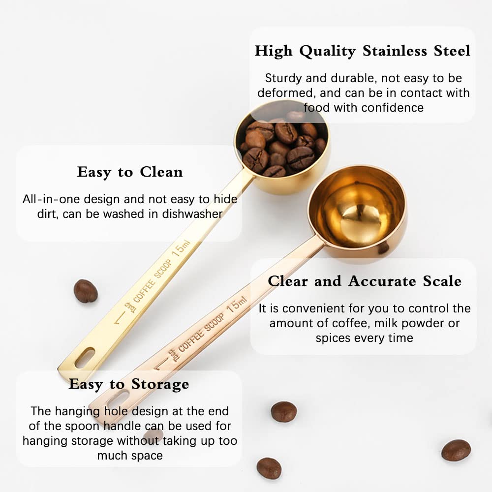 3Pcs Stainless Steel Coffee Measuring Scoops with Long Handle - Perfect for Coffee, Tea, Sugar, Protein Powder & Baking Ingredients | Ideal for Home Kitchen, Coffee Shops & Bakeries (Gold)