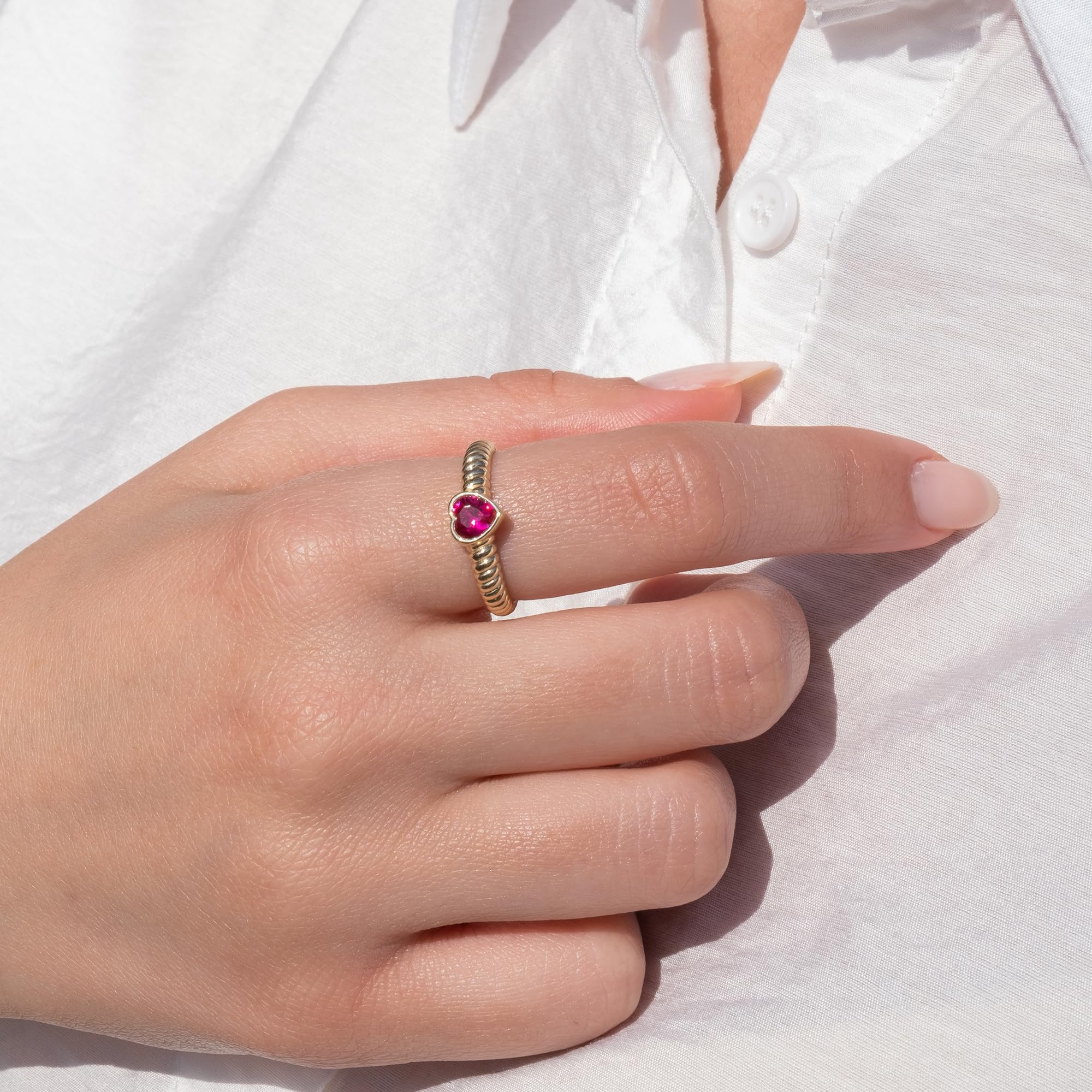 14K Solid Gold Heart Shaped Natural Ruby Ring for Women - Dainty Minimalist Beveled Red Ruby Jewelry - Perfect for Valentine's Day, Anniversary & Romantic Gifts