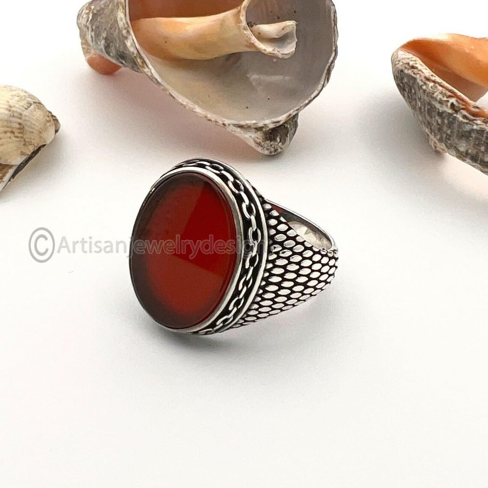 Handmade Red Onyx Men's Ring - 925 Sterling Silver Statement Signet Ring, Ottoman Style Onyx Gemstone Jewelry, Perfect Valentine’s Day Gift for Him, Ideal for Weddings, Anniversaries, and Special Occasions