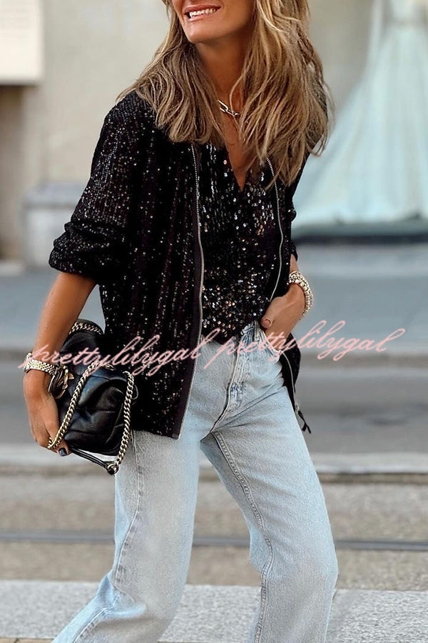 Star Kisses Sequin Zipped Long Sleeve Party Coat for Women - Glamorous Shiny Jacket for Evening Events, Club Outings & Special Occasions