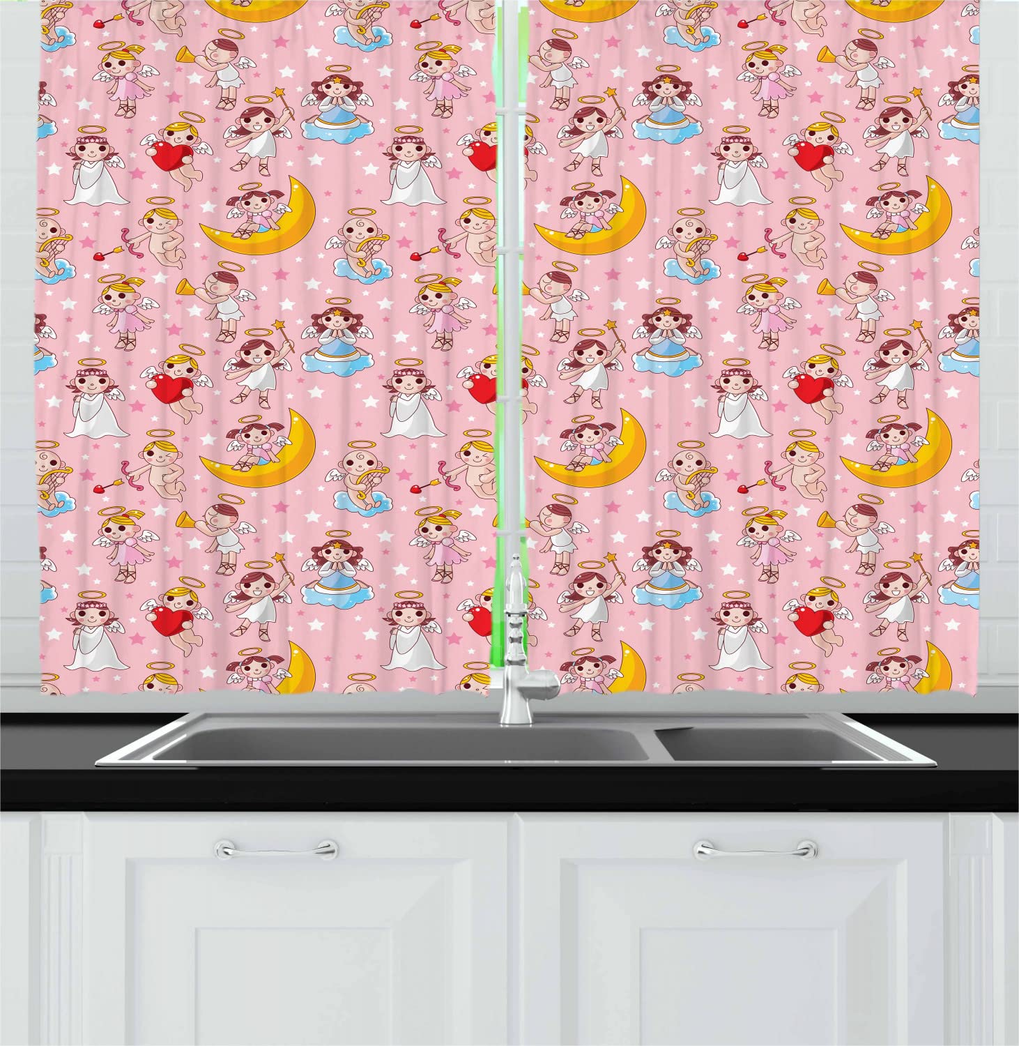 Ambesonne Angel & Fairy Musical Nursery Kitchen Curtains - 2 Panel Rod Pocket Drapes 55