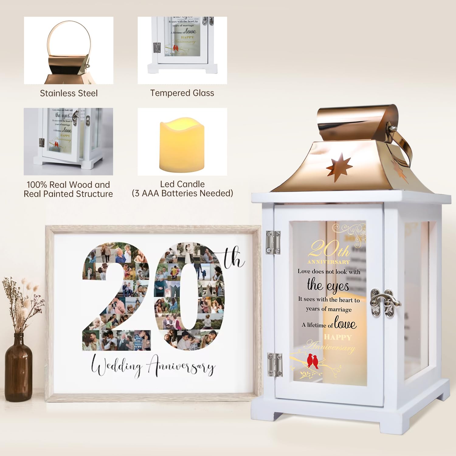 20th Anniversary Wedding Gifts for Couples - Personalized Keepsake Lantern for Wife, Husband & Parents | Romantic 20 Years Marriage Gift Idea for Home Decor & Special Occasions