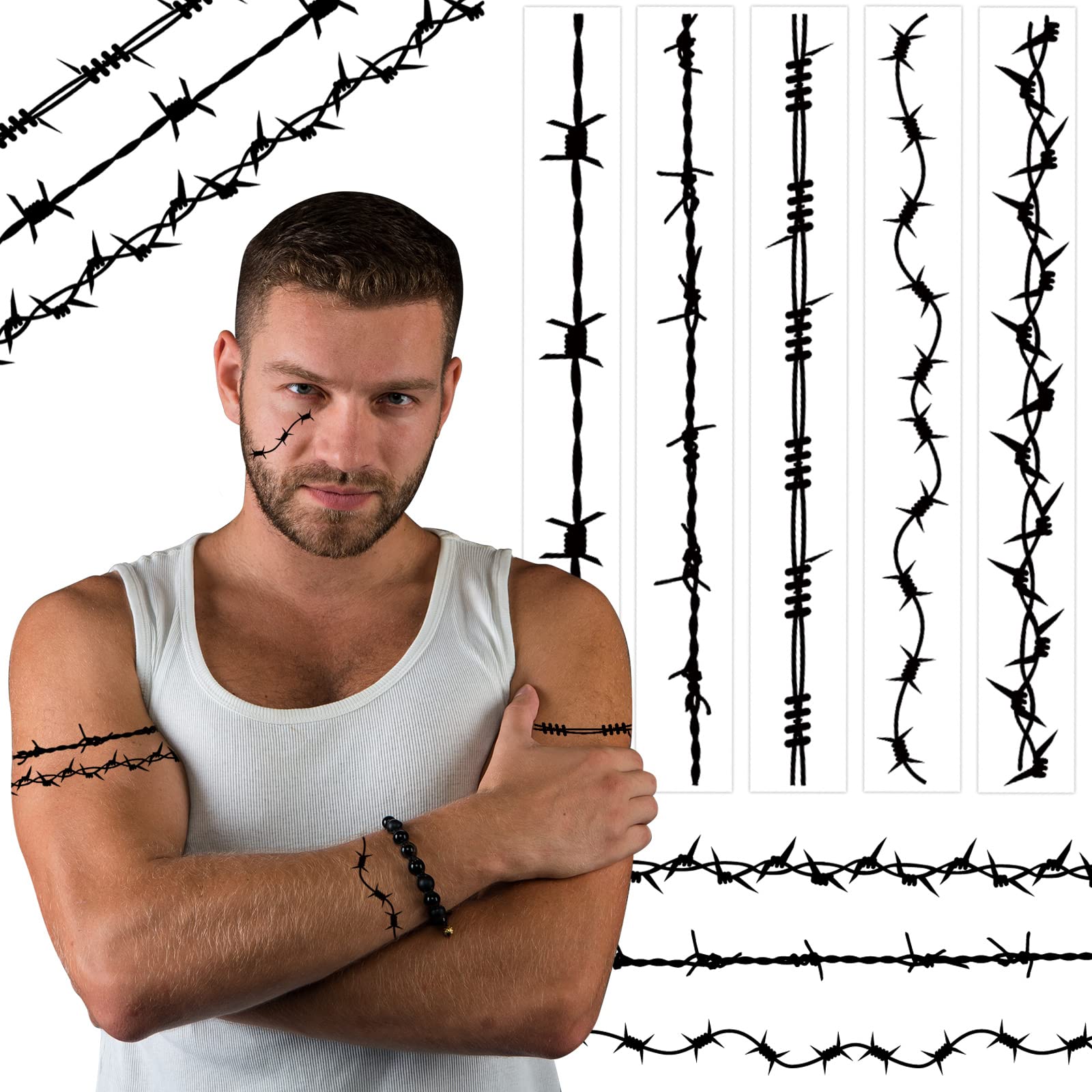 20 Pcs Barbed Wire Temporary Tattoos - Fake Removable Arm Stickers for Men, Women & Kids - Halloween Costume & Body Art Supplies - Perfect for Parties, Cosplay and Festivals