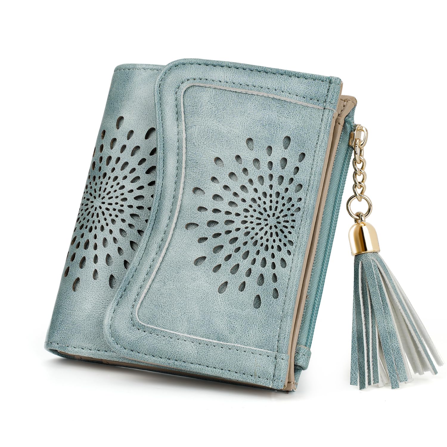APHISON Small RFID Blocking Leather Wallet for Women - Cute Sunflower Bifold Wallet with Zipper & Tassel, Compact ID Card Holder & Coin Purse (Blue) | Perfect for Everyday Use, Travel & Gift Giving