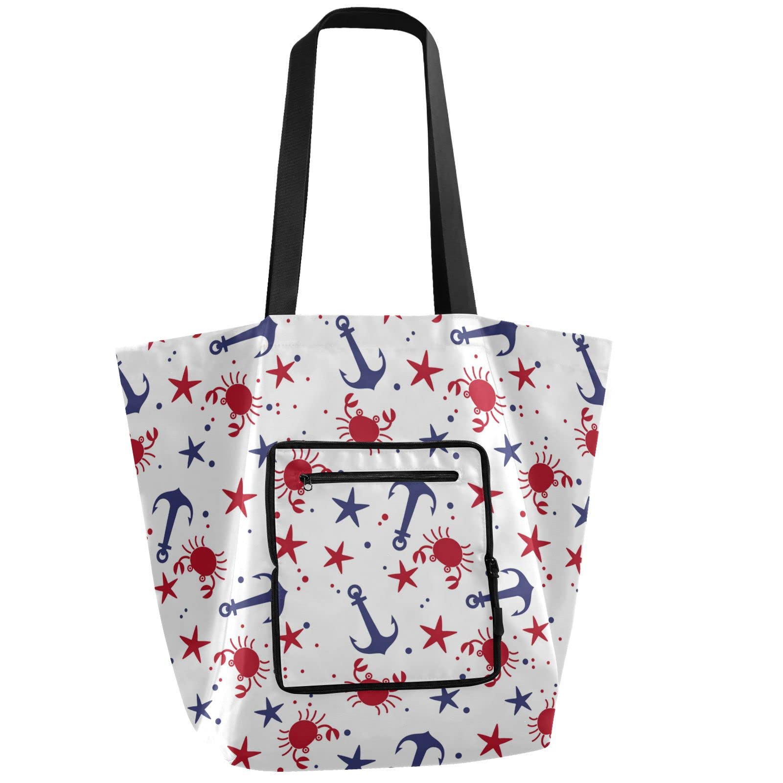 **Foldable Reusable Grocery Bags - Heavy Duty Polyester Tote Shopping Bags with Handles, Crab Star Anchor Pattern (Red/Blue) - Eco-Friendly Storage & Shopping for Groceries, Beach, Travel & Picnics**