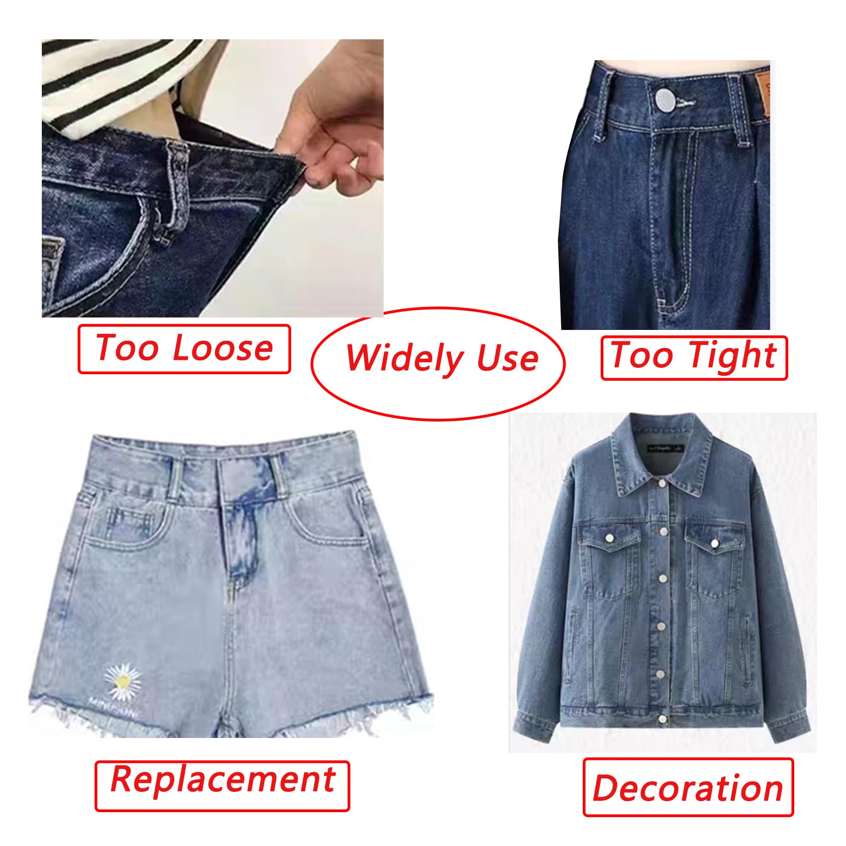8-Piece No-Sew Jean Button Pins - Reusable & Adjustable Replacement Buttons for Loose Pants & Jeans (Instant Fix Without Tools) - Perfect for DIY Clothing Repair, Denim Upcycling & Emergency Wardrobe Fixes