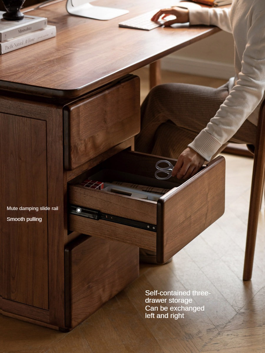 Premium Black Walnut Solid Wood Desk with Built-in Storage Cabinet - Modern Home Office Workstation for Professionals & Remote Workers