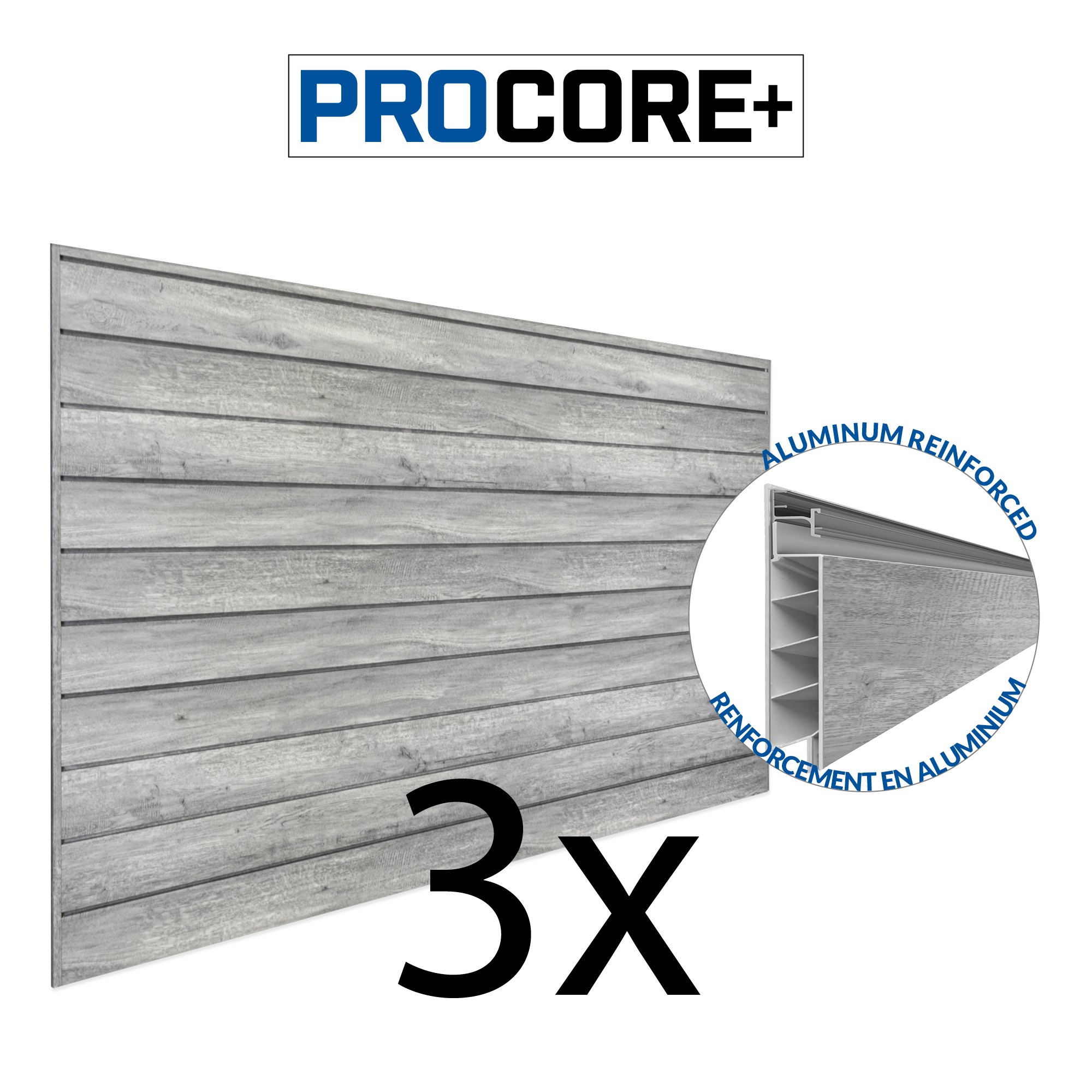 4 ft. x 8 ft. PROCORE+ Gray Wood PVC Slatwall Panel - 3 Pack (96 sq ft) for Retail Stores, Garages & Home Organization