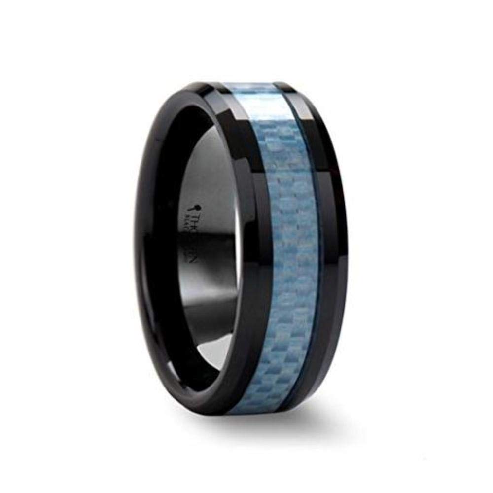 Thorsten ATTICUS Blue Carbon Fiber Inlaid Black Ceramic Ring - 8mm Wide Beveled Edge Wedding Band with Custom Engraving | Perfect for Men's Wedding, Anniversary & Special Occasion Gifts